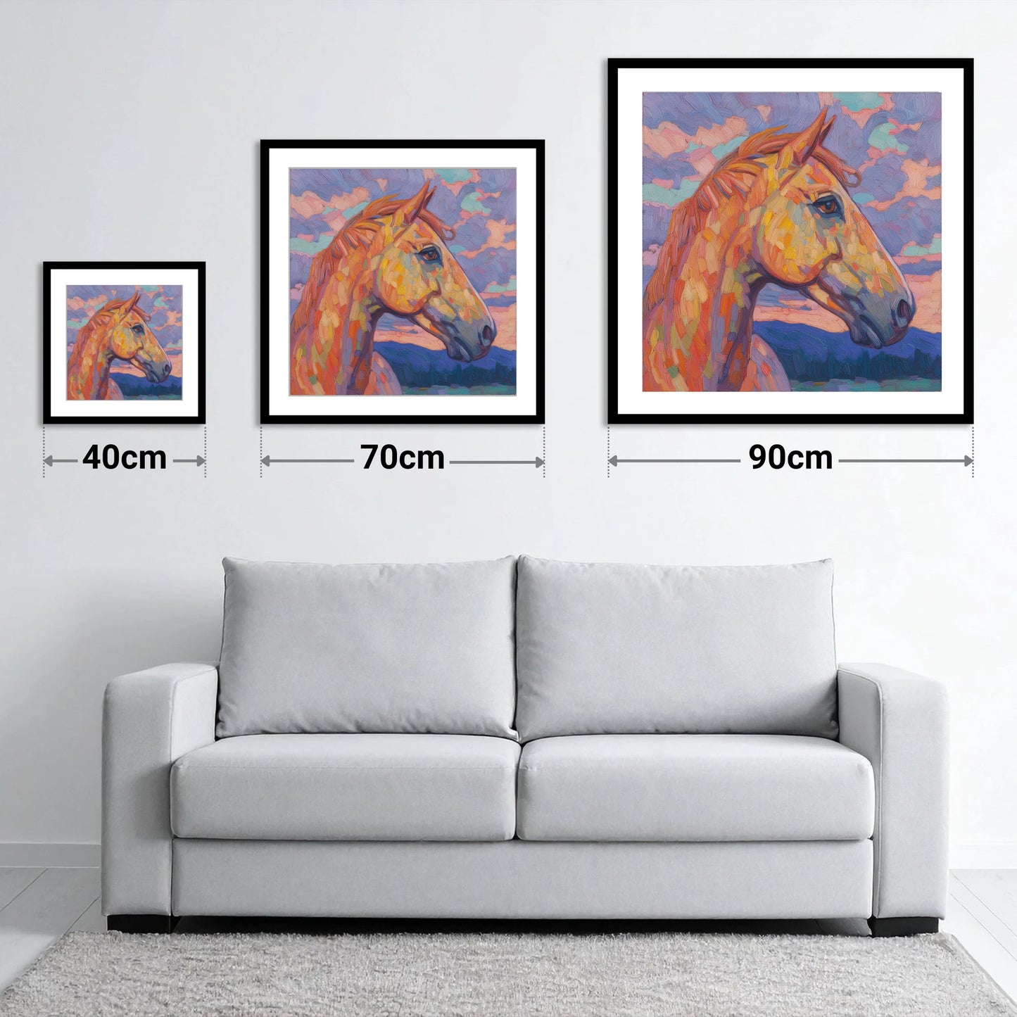 Prismatic Equine Portrait - size guide showing 40cm, 70cm and 90cm art prints