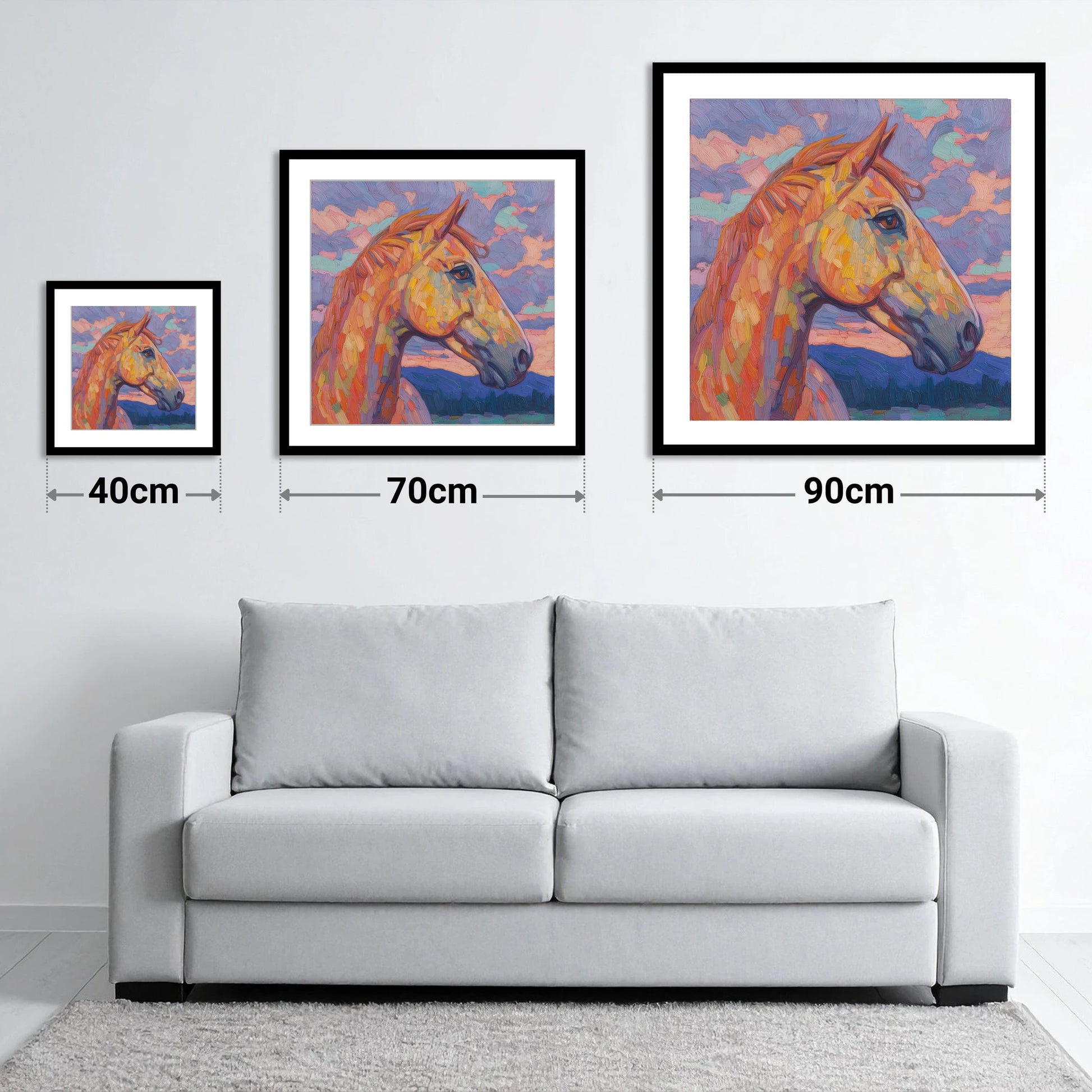 Prismatic Equine Portrait - size guide showing 40cm, 70cm and 90cm art prints