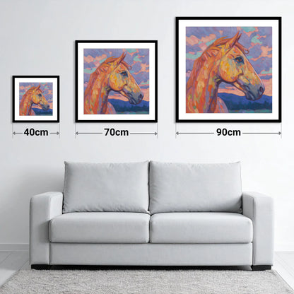 Prismatic Equine Portrait - size guide showing 40cm, 70cm and 90cm art prints