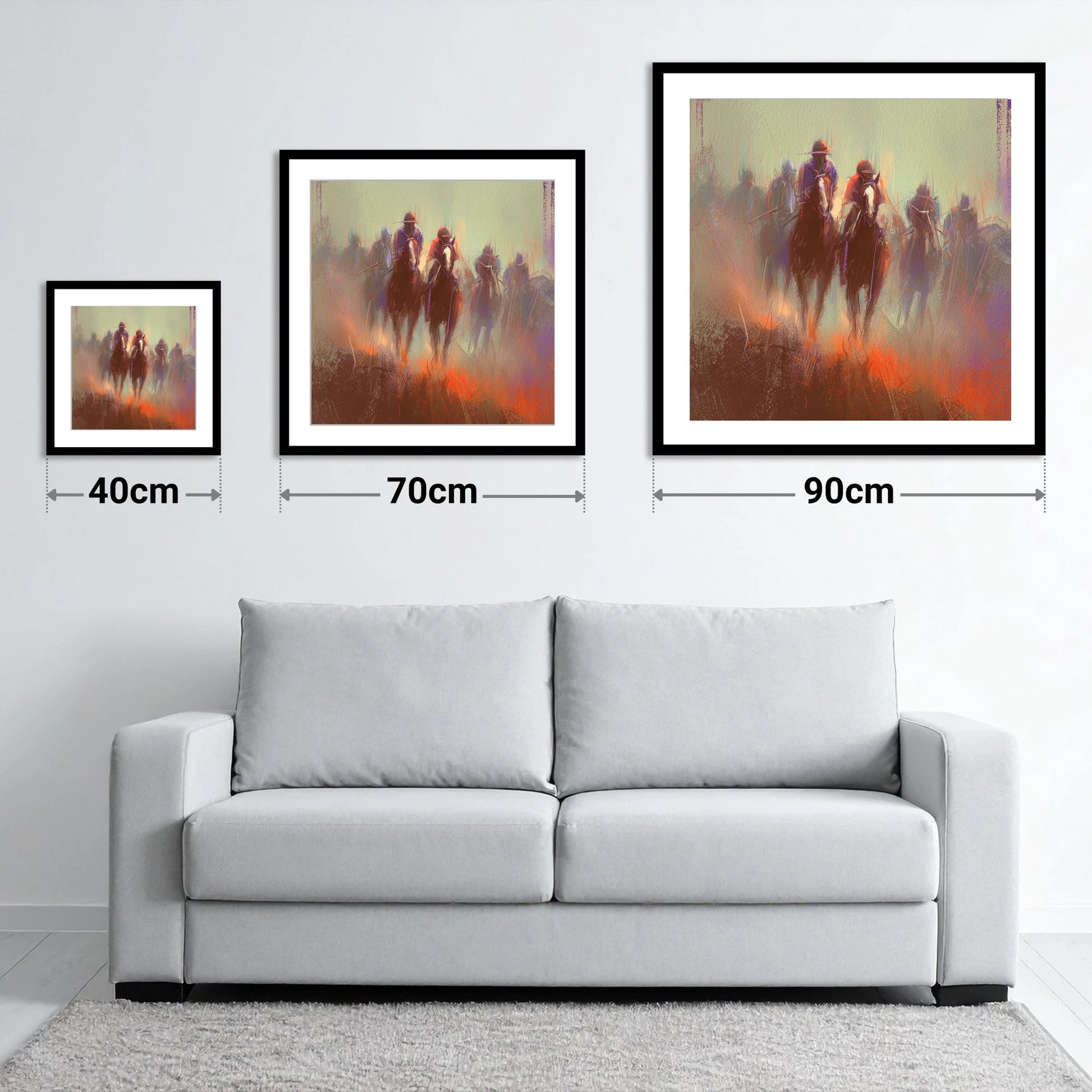 The Dawn Gallop - size guide showing 40cm, 70cm and 90cm art prints