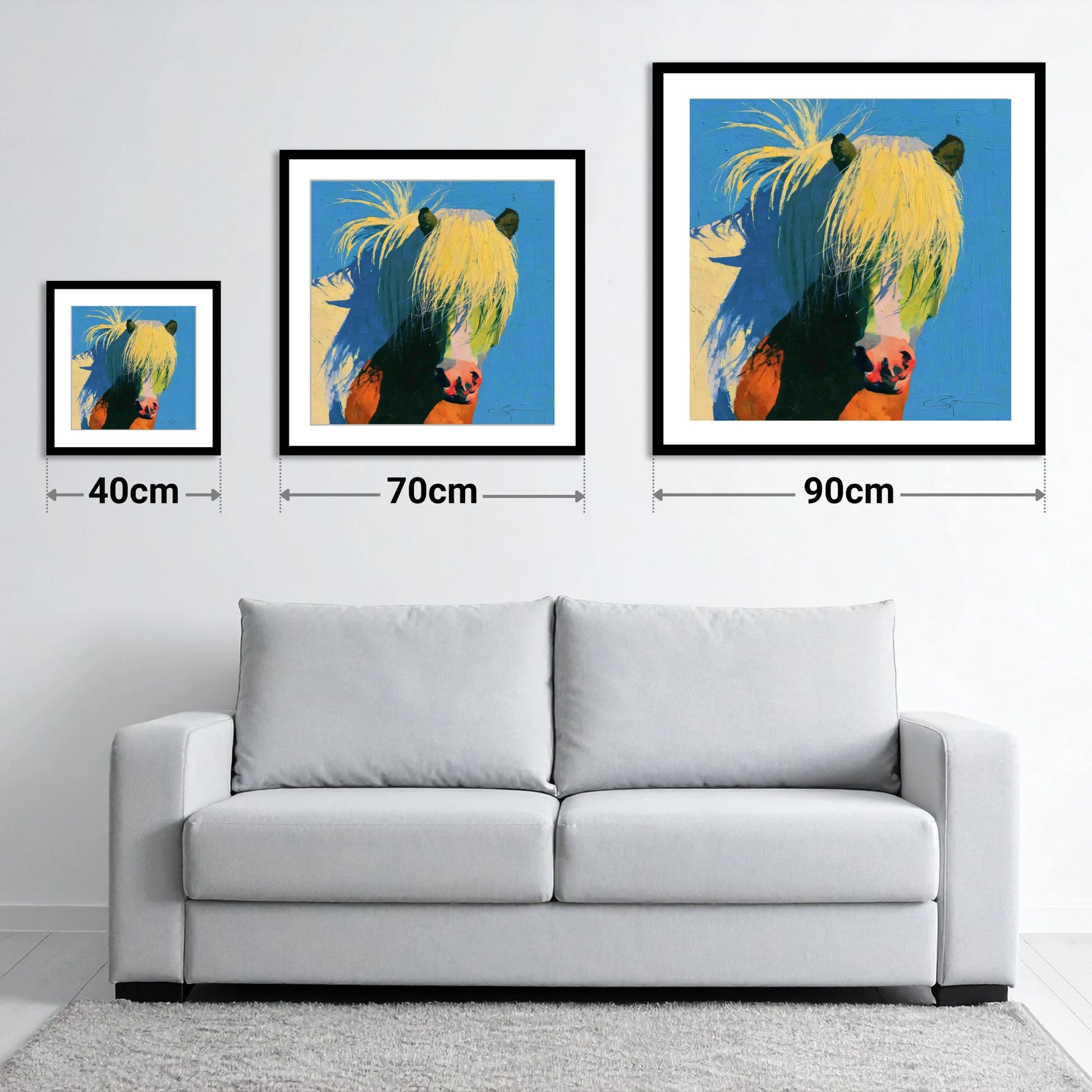 Thick Maned Pony in Blue - size guide showing 40cm, 70cm and 90cm art prints