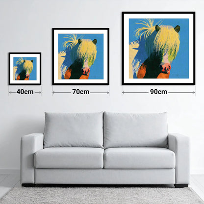 Thick Maned Pony in Blue - size guide showing 40cm, 70cm and 90cm art prints