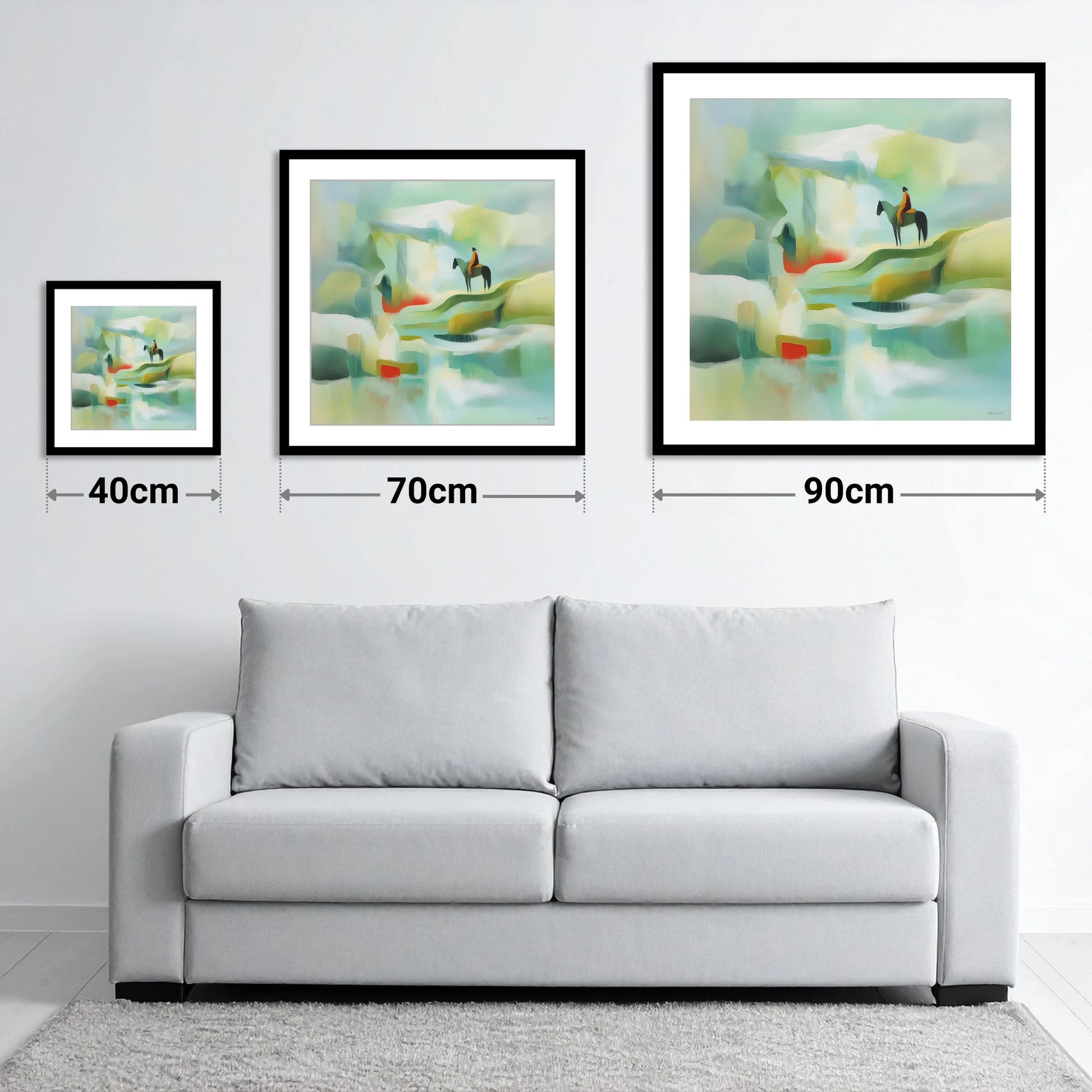 Serene Coastal Vantage - size guide showing 40cm, 70cm and 90cm art prints