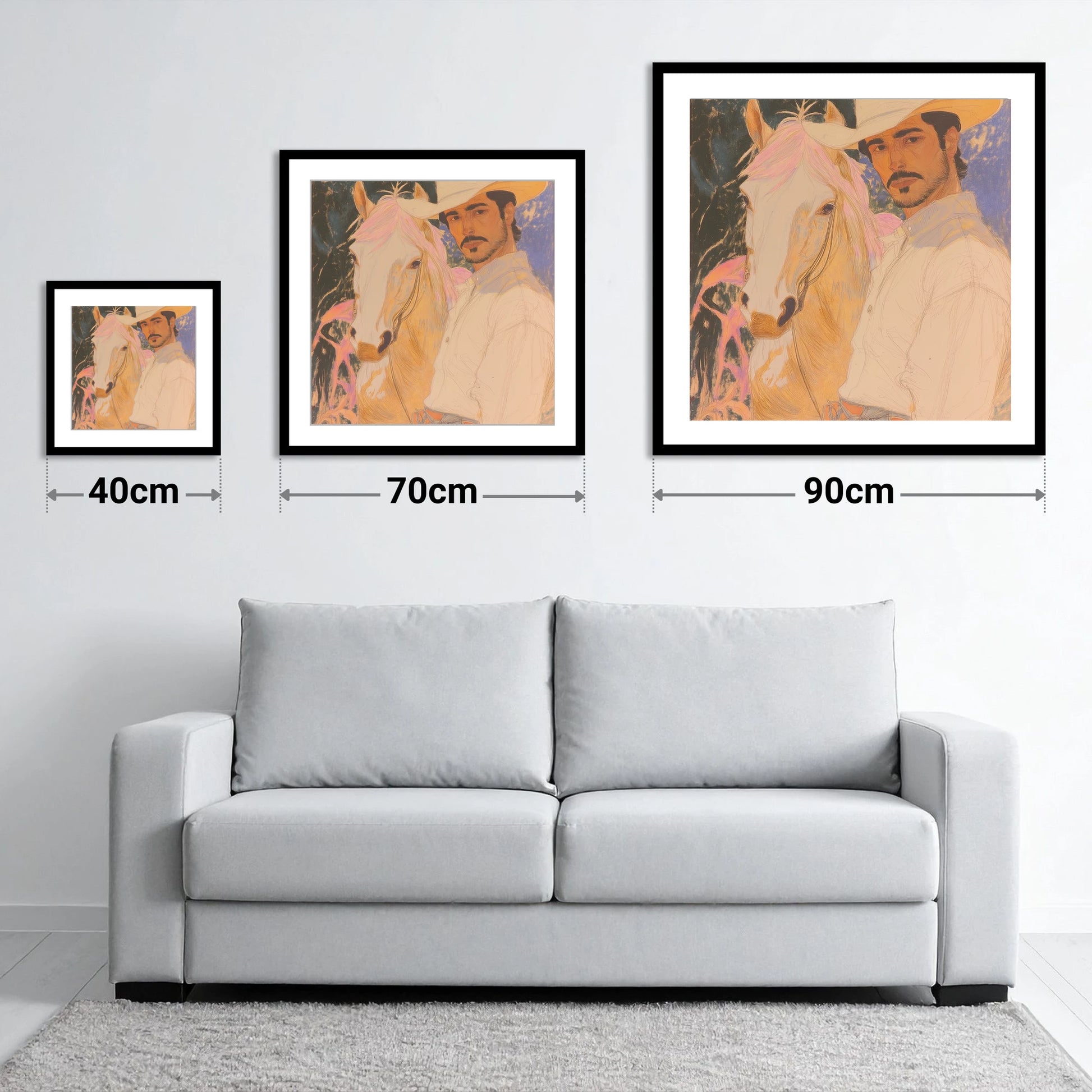 Painted Western Bond - size guide showing 40cm, 70cm and 90cm art prints