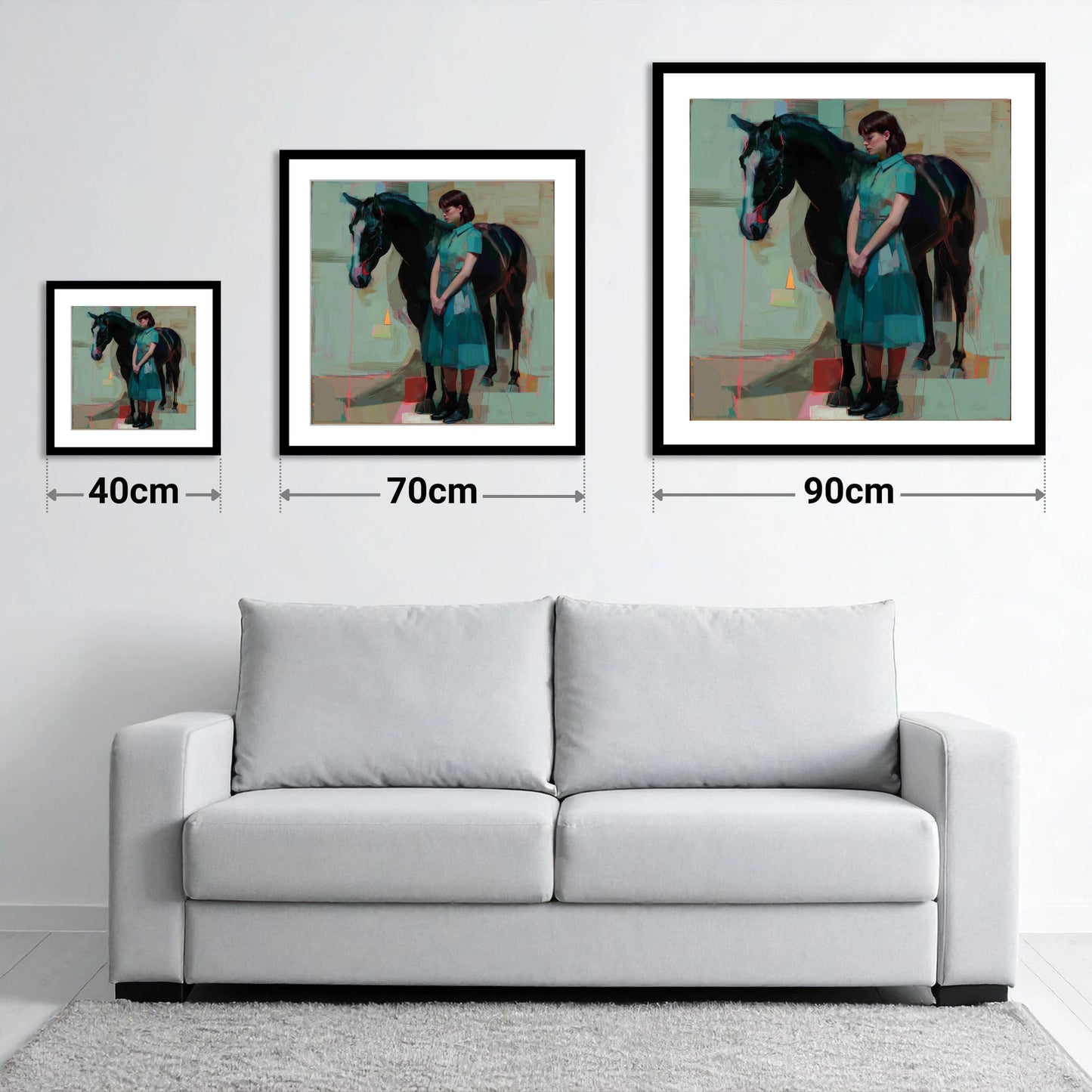 A Quiet Connection - size guide showing 40cm, 70cm and 90cm art prints