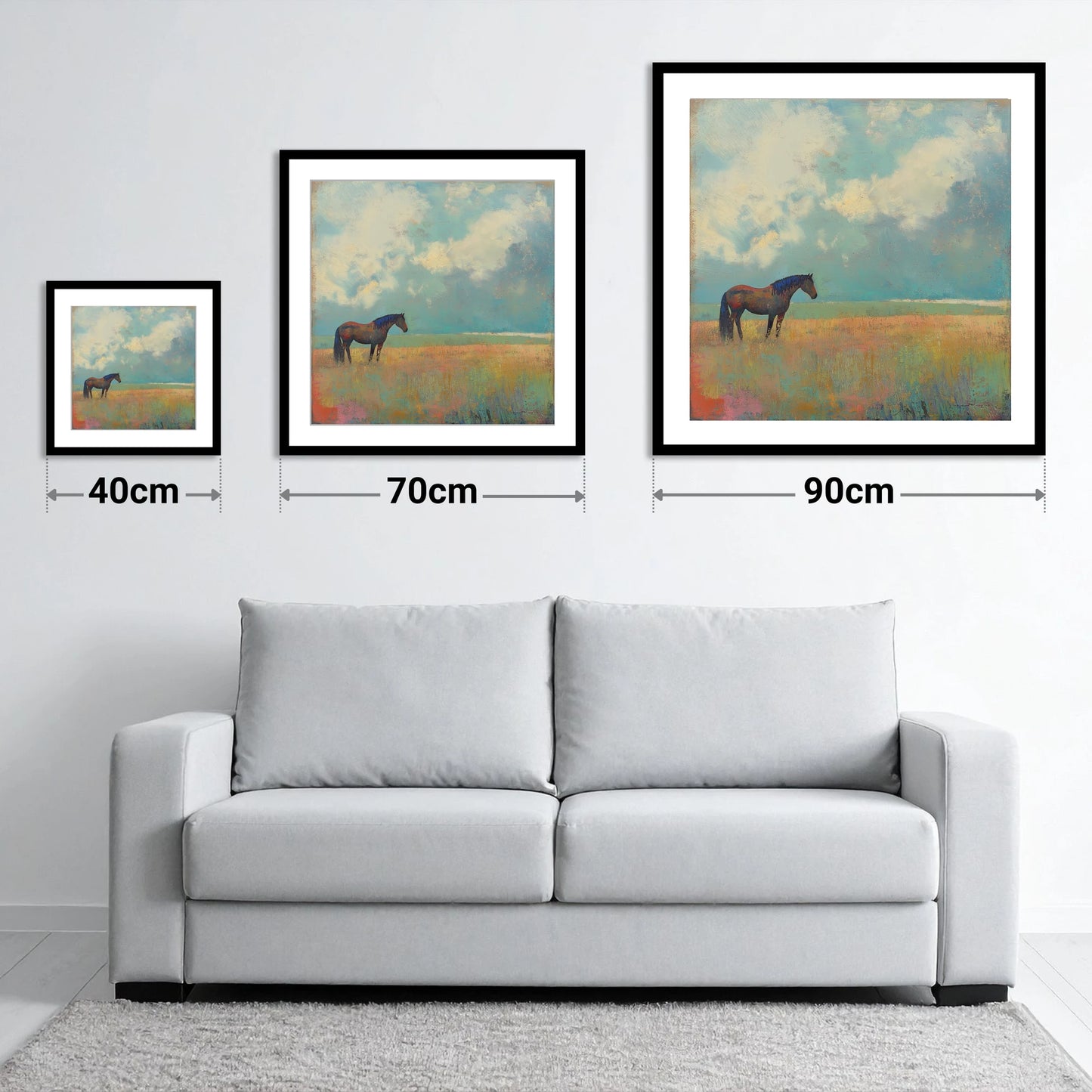 Beneath Turquoise Skies - size guide showing 40cm, 70cm and 90cm art prints