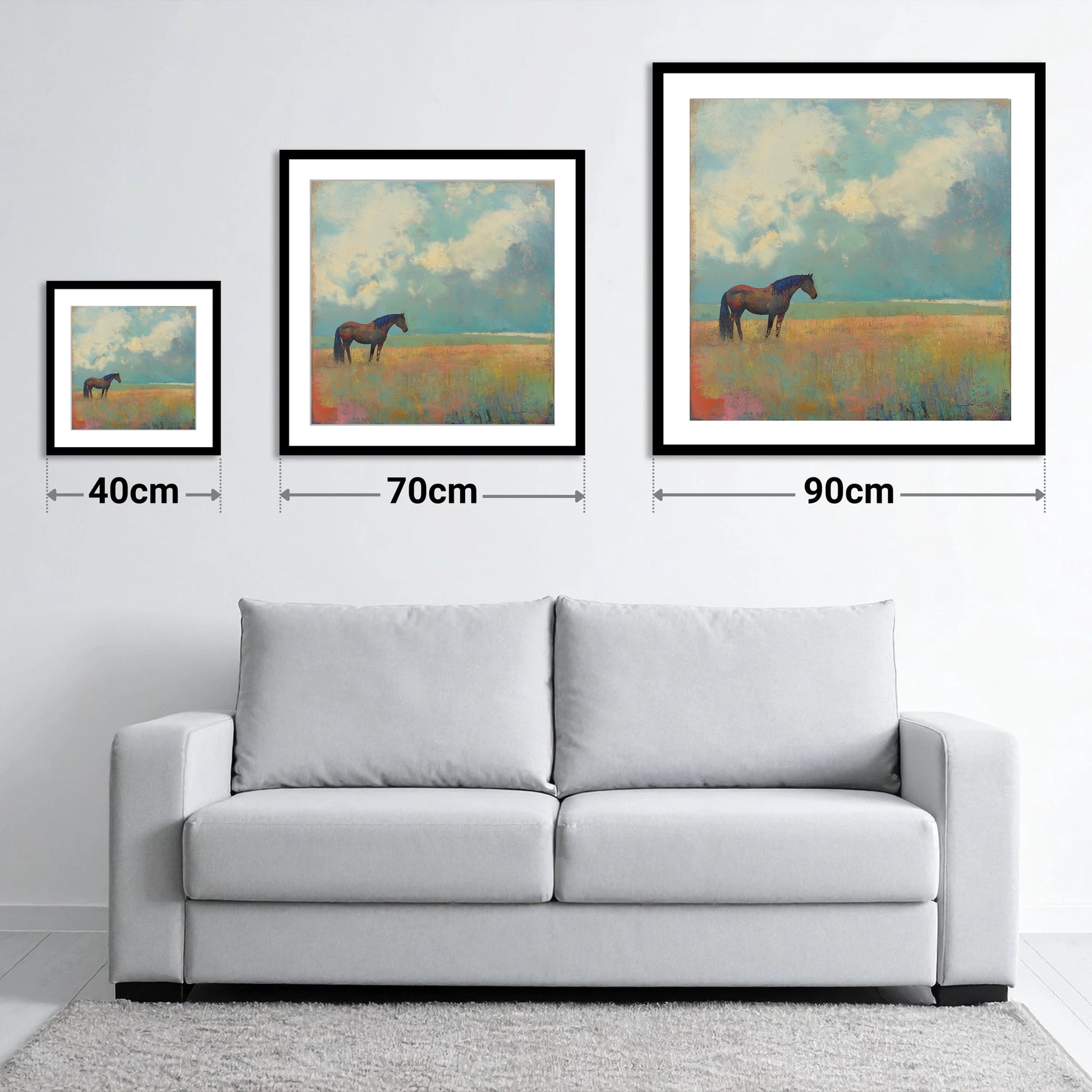 Beneath Turquoise Skies - size guide showing 40cm, 70cm and 90cm art prints