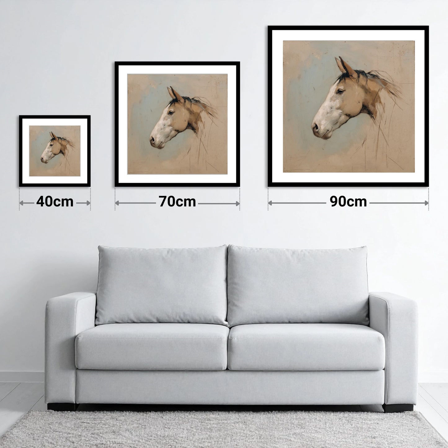 Muted Equine Profile - size guide showing 40cm, 70cm and 90cm art prints