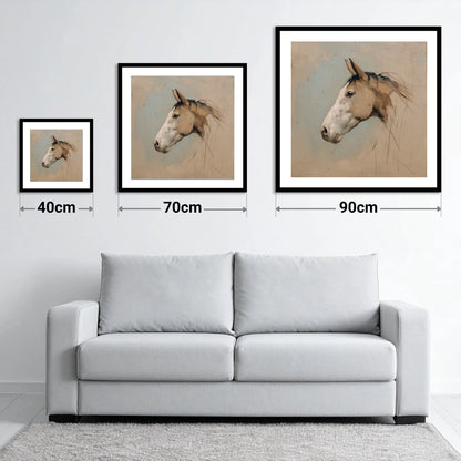 Muted Equine Profile - size guide showing 40cm, 70cm and 90cm art prints