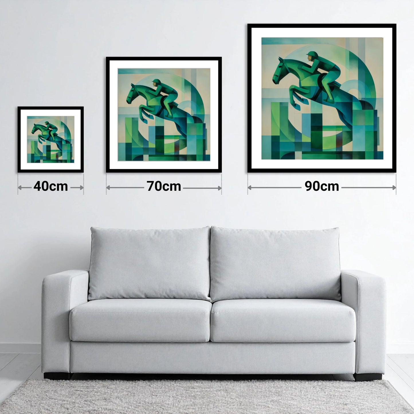 Emerald Ascent - size guide showing 40cm, 70cm and 90cm art prints