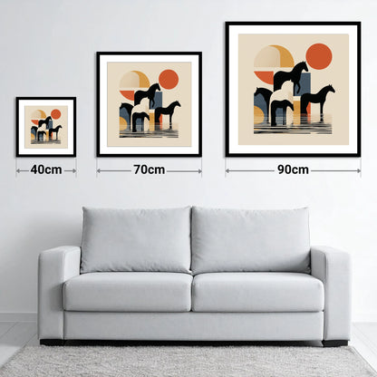 Geometric Equine Reflections - size guide showing 40cm, 70cm and 90cm art prints