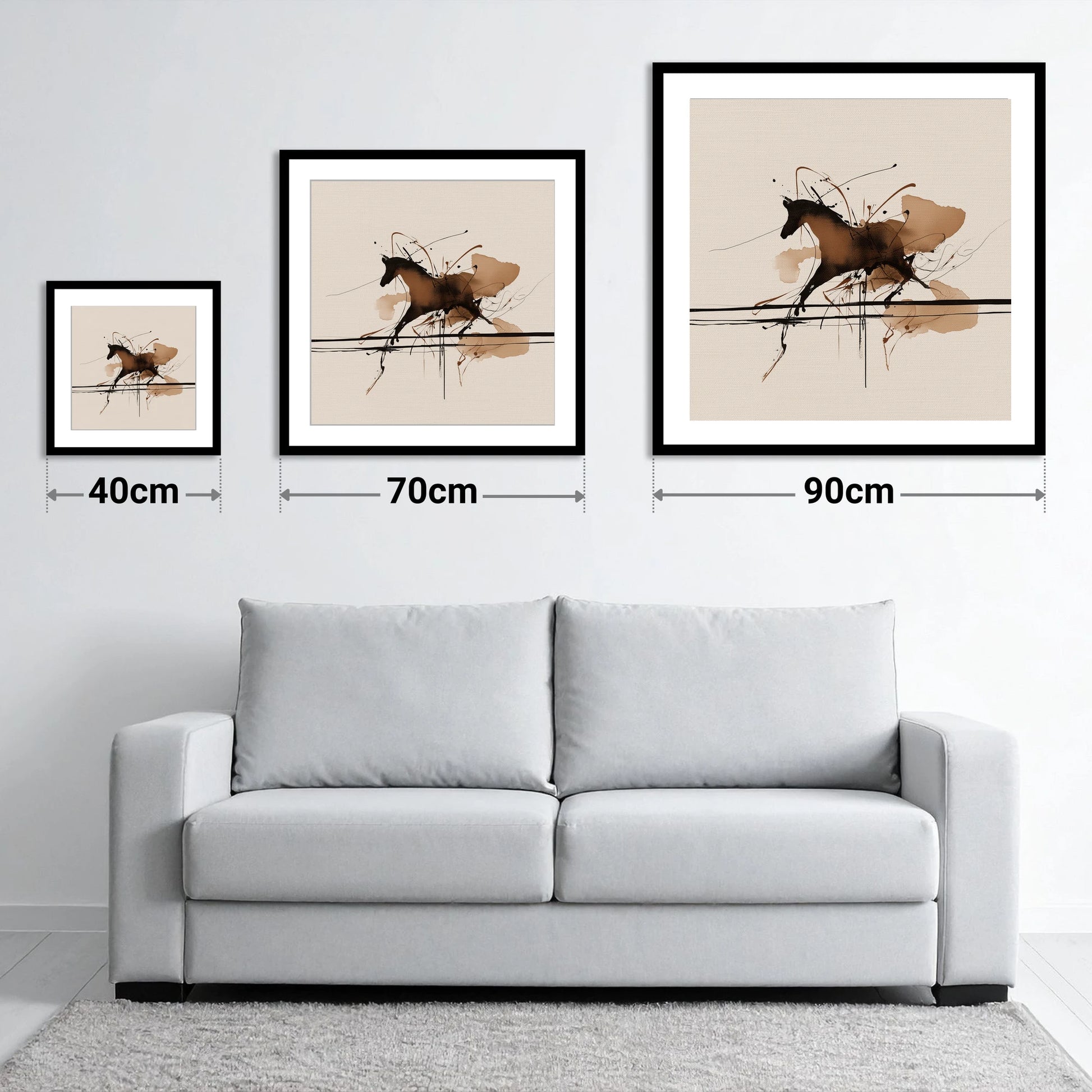 Dynamic Ink Canter - size guide showing 40cm, 70cm and 90cm art prints