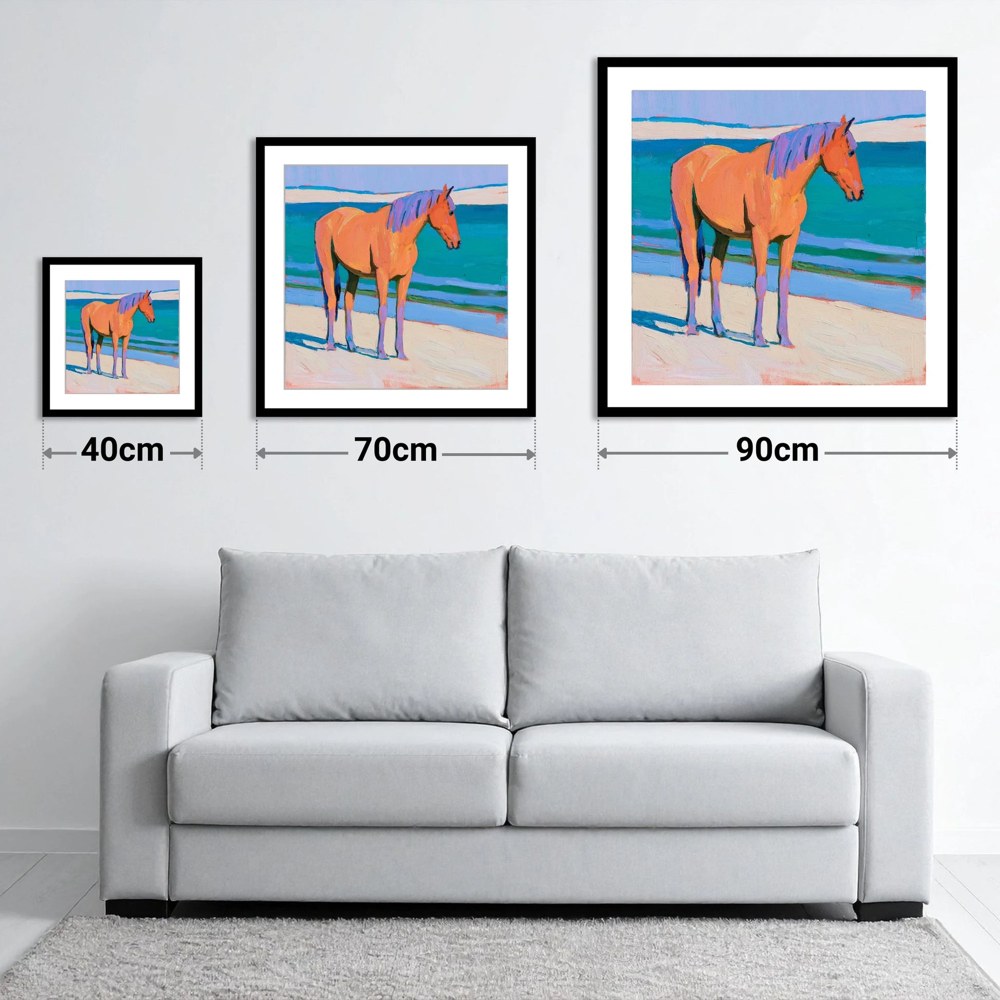 Vivid Coastal Equine - size guide showing 40cm, 70cm and 90cm art prints