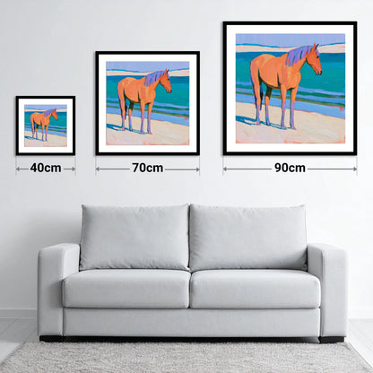 Vivid Coastal Equine - size guide showing 40cm, 70cm and 90cm art prints
