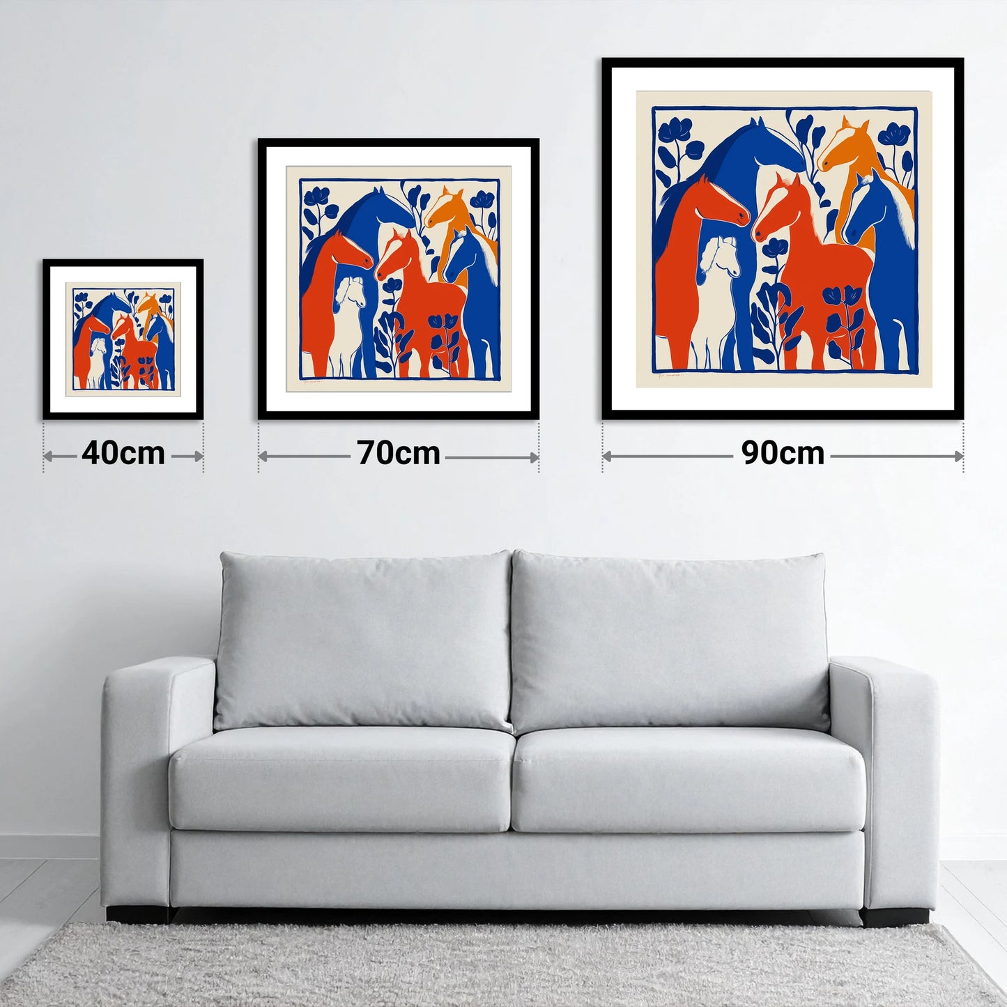 Vibrant Graphic Herd - size guide showing 40cm, 70cm and 90cm art prints