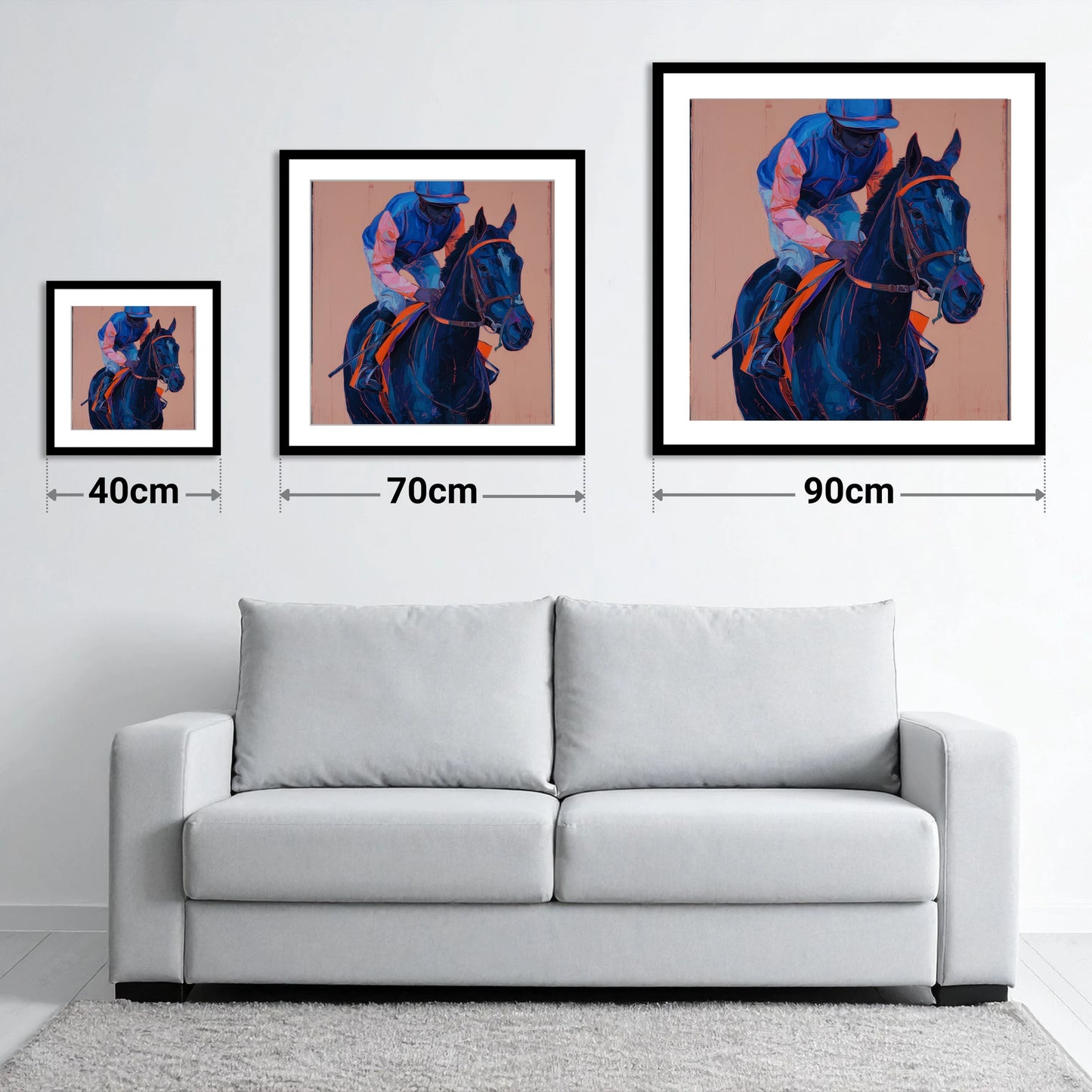 The Indigo Favourite - size guide showing 40cm, 70cm and 90cm art prints