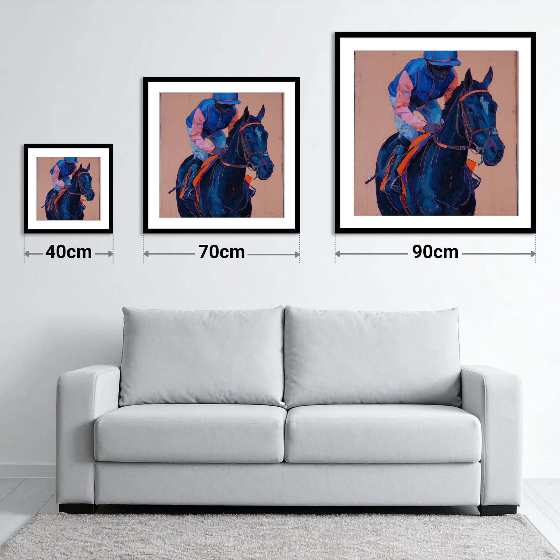 The Indigo Favourite - size guide showing 40cm, 70cm and 90cm art prints