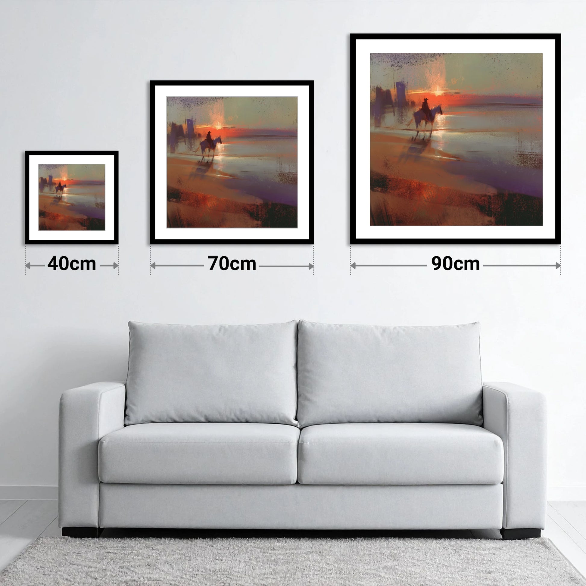 Crimson Horizon Ride - size guide showing 40cm, 70cm and 90cm art prints