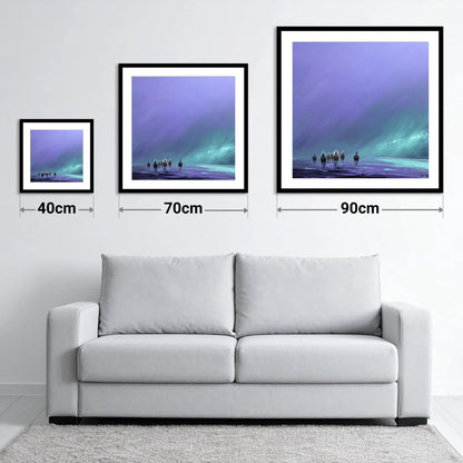 The Violet Furlong - size guide showing 40cm, 70cm and 90cm art prints