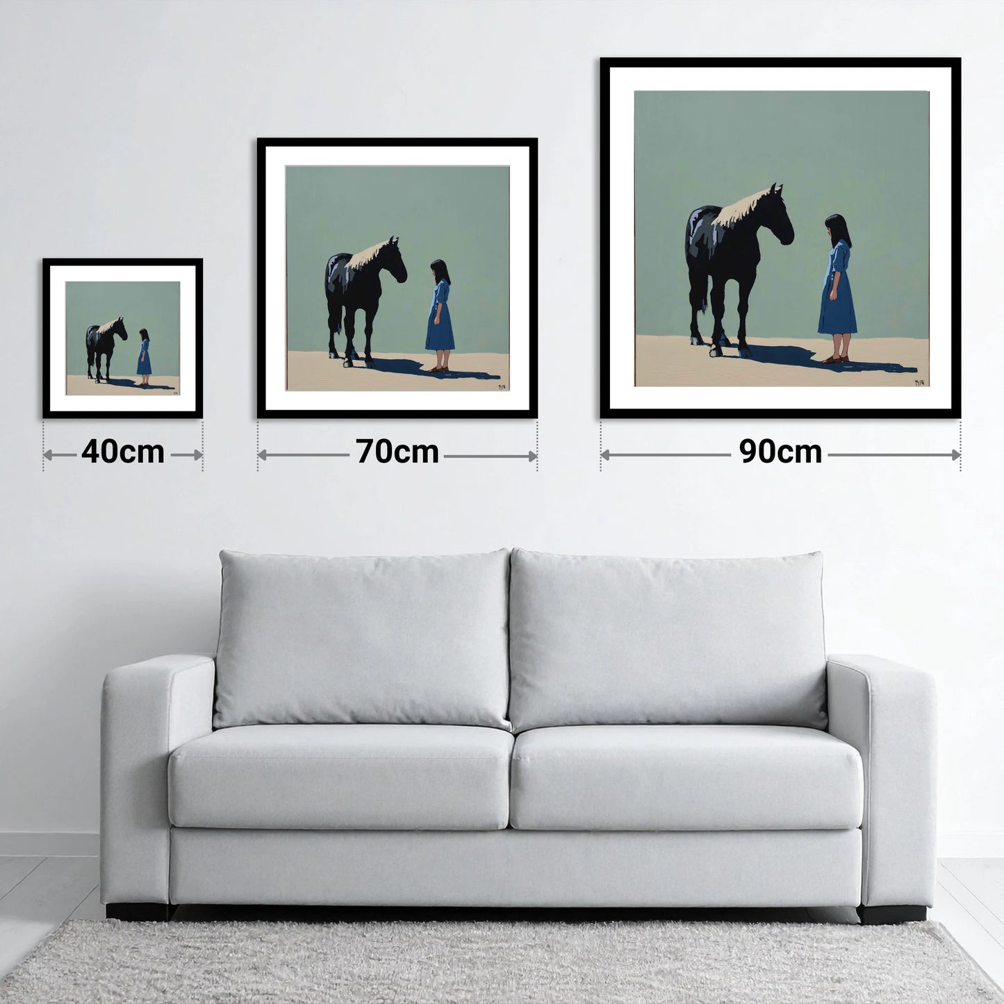 Quiet Understanding - size guide showing 40cm, 70cm and 90cm art prints