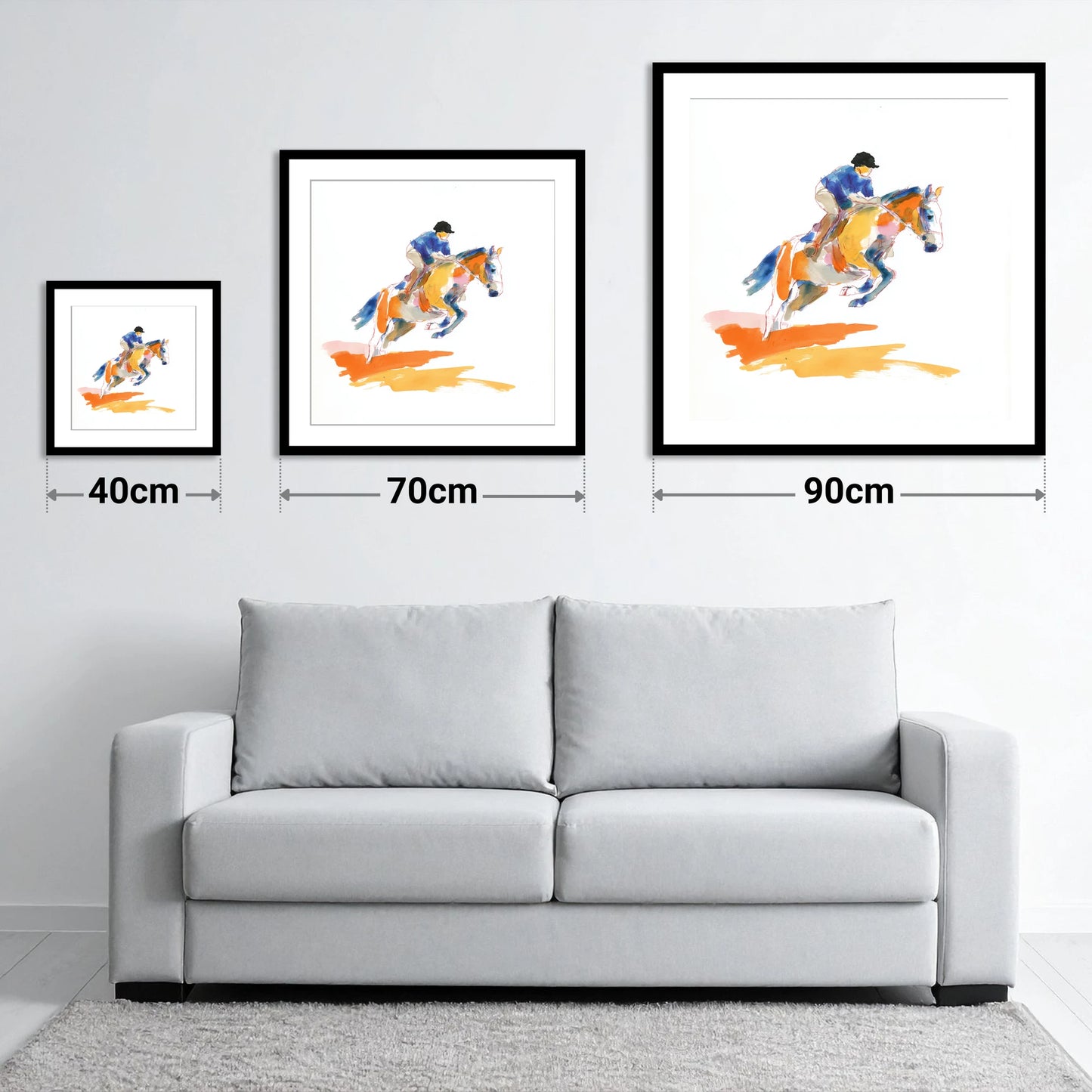 Vibrant Flight - size guide showing 40cm, 70cm and 90cm art prints