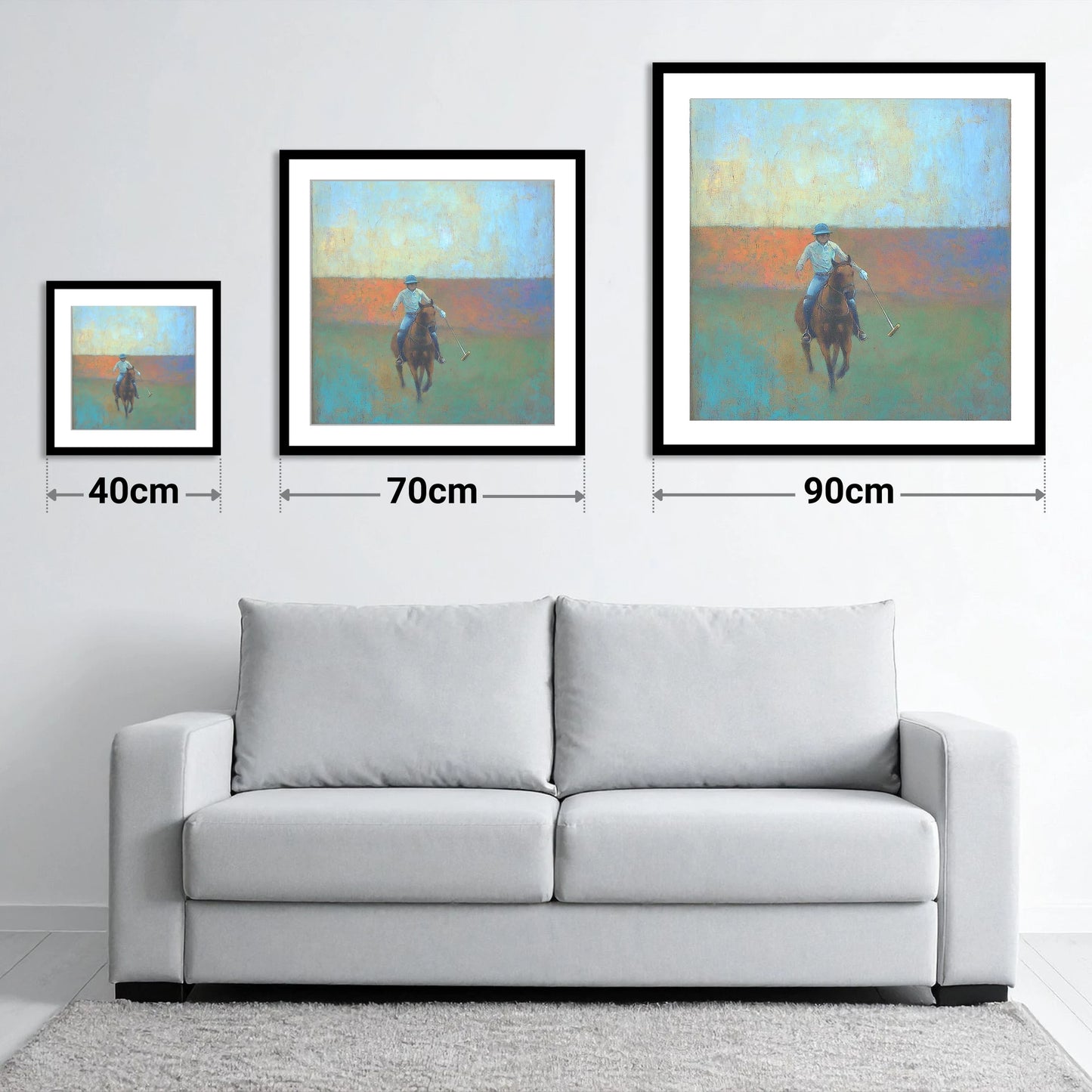 The Midfield Approach - size guide showing 40cm, 70cm and 90cm art prints