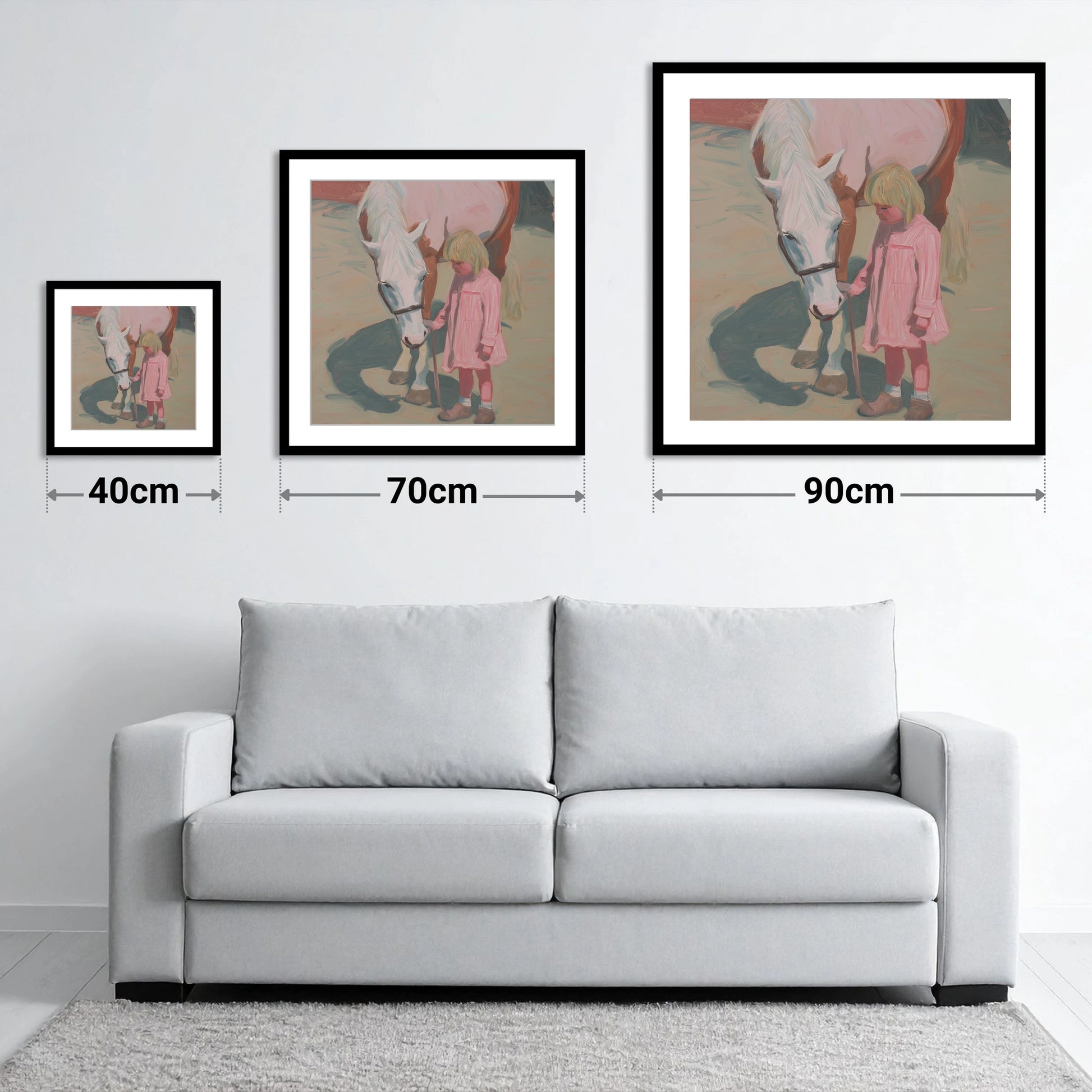 A Quiet Understanding - size guide showing 40cm, 70cm and 90cm art prints