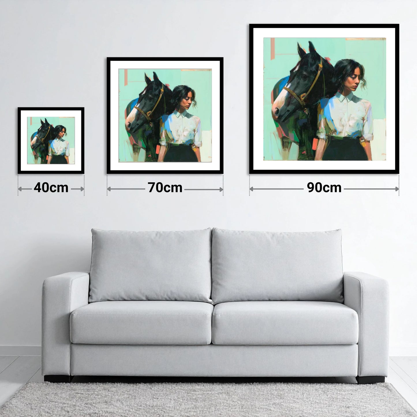 The Shared Silence - size guide showing 40cm, 70cm and 90cm art prints