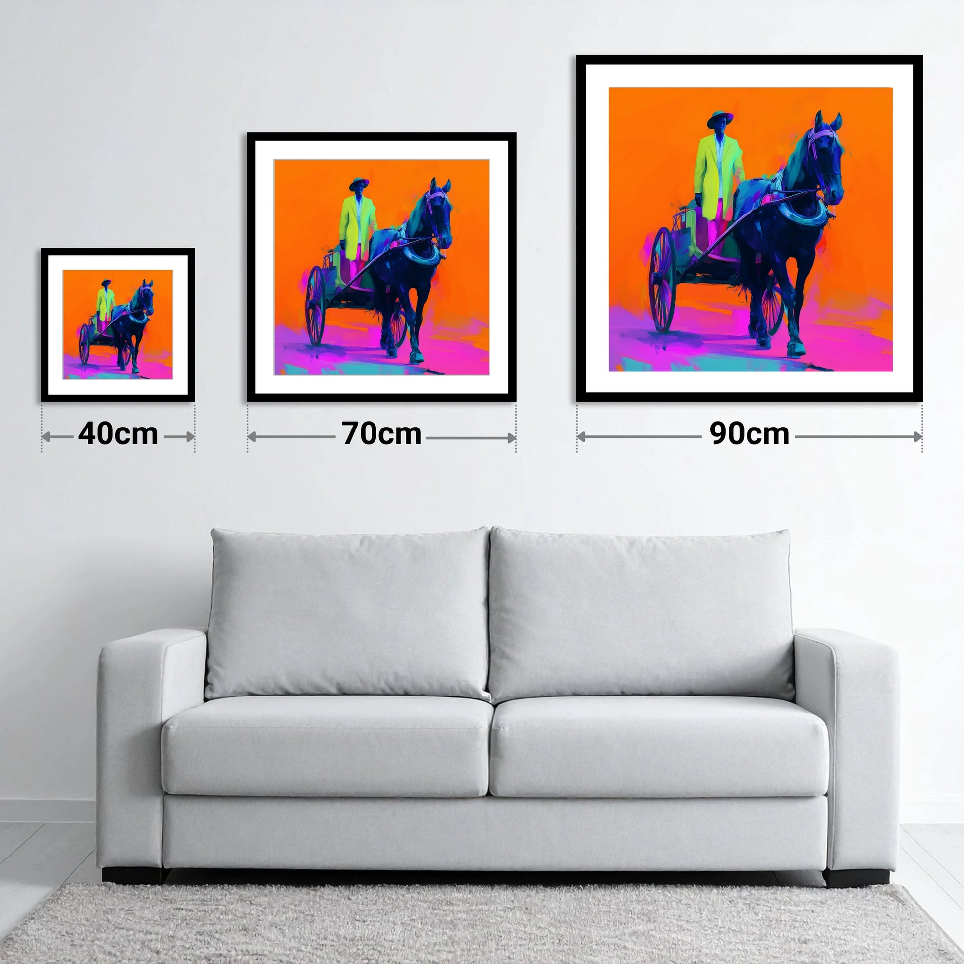 Electric Harness Horse - size guide showing 40cm, 70cm and 90cm art prints