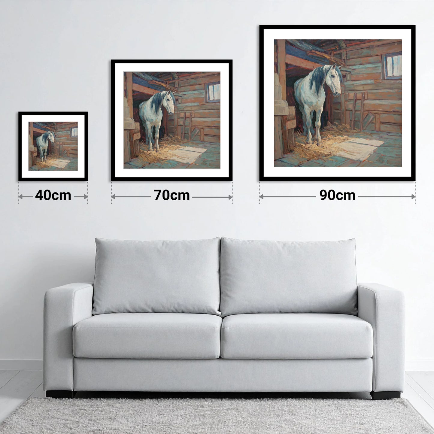 Peaceful Stable Morning - size guide showing 40cm, 70cm and 90cm art prints