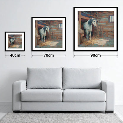 Peaceful Stable Morning - size guide showing 40cm, 70cm and 90cm art prints