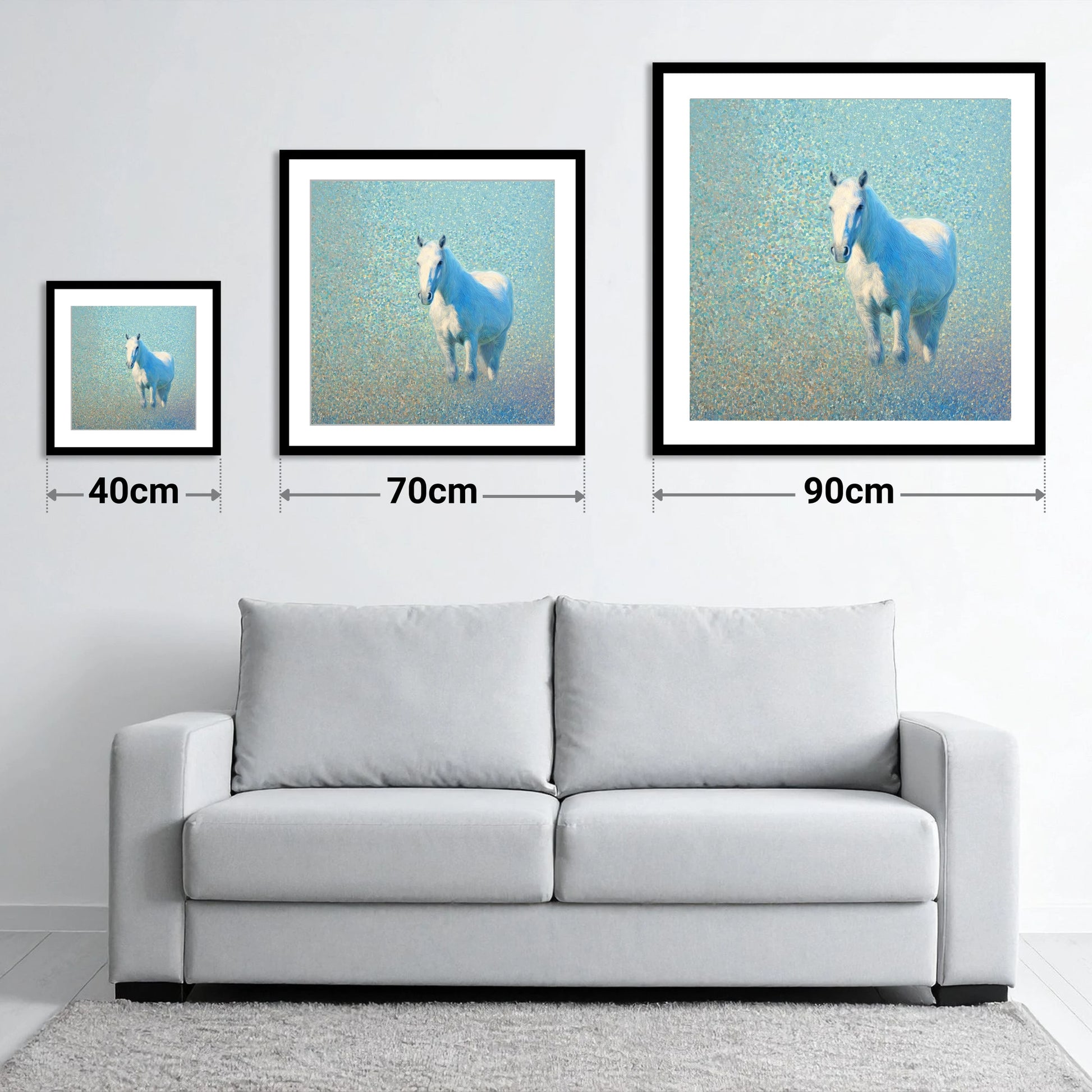 Luminous Azure Grey - size guide showing 40cm, 70cm and 90cm art prints