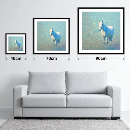 Luminous Azure Grey - size guide showing 40cm, 70cm and 90cm art prints
