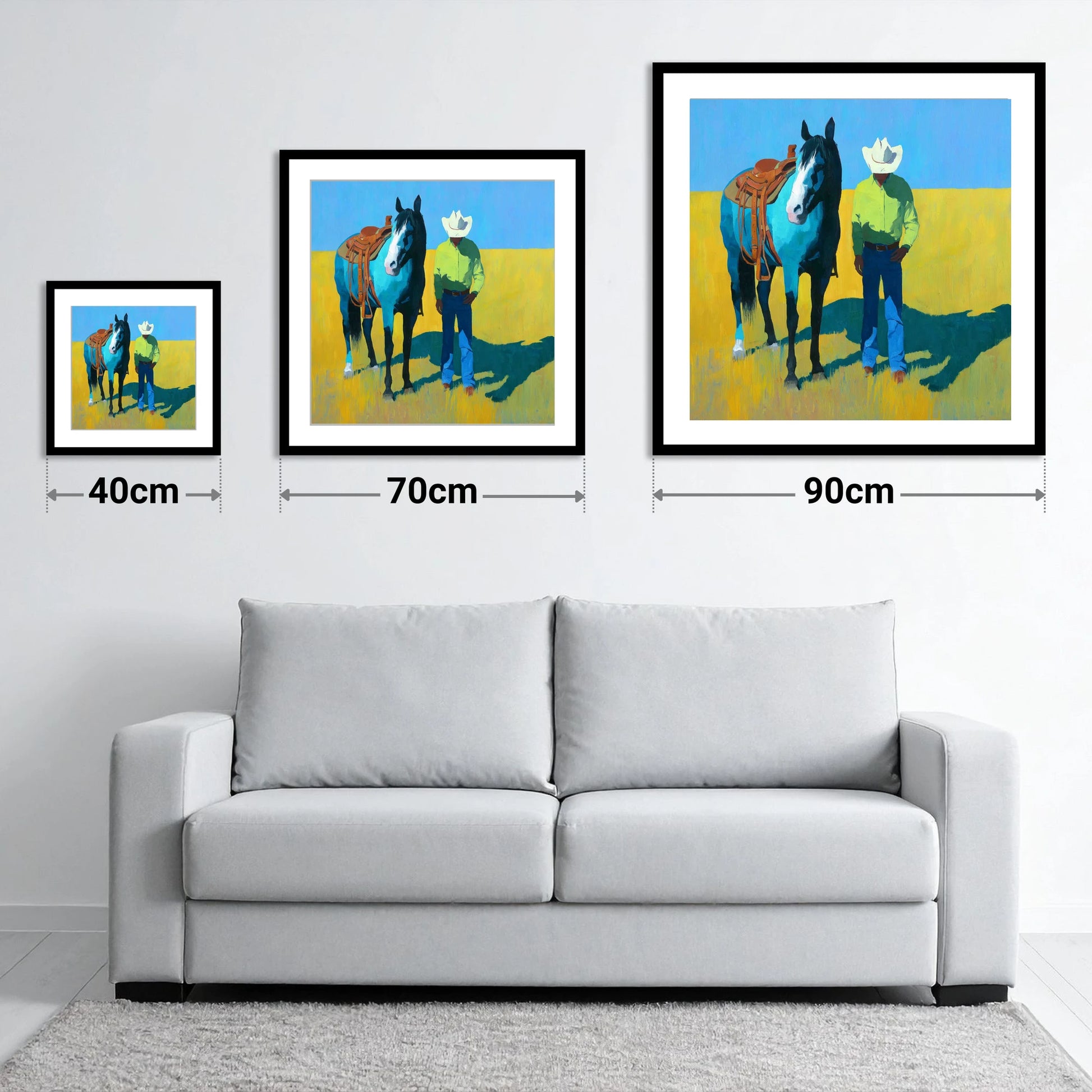 Vibrant High Plains Companion - size guide showing 40cm, 70cm and 90cm art prints