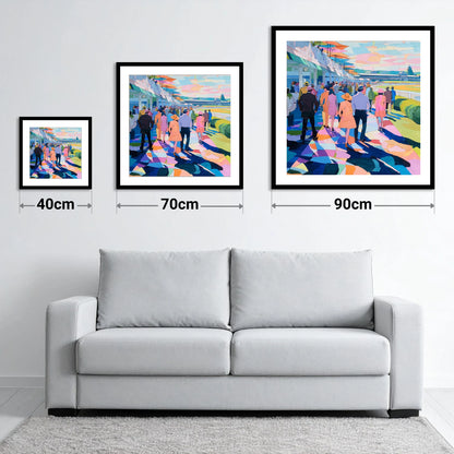 Vibrant Grandstand Parade - size guide showing 40cm, 70cm and 90cm art prints