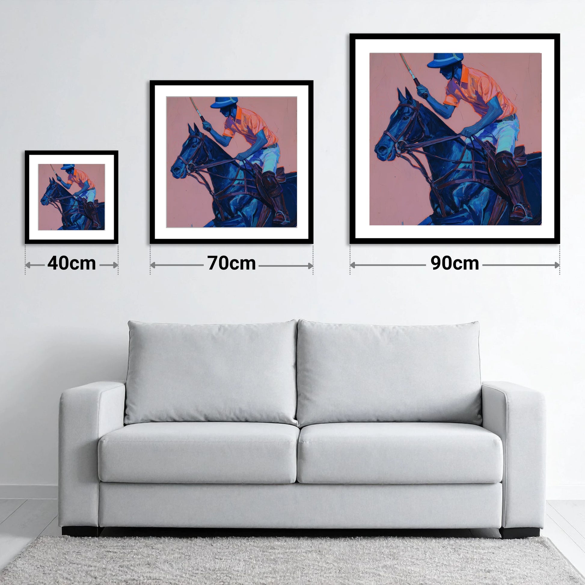 The Indigo Chukka - size guide showing 40cm, 70cm and 90cm art prints