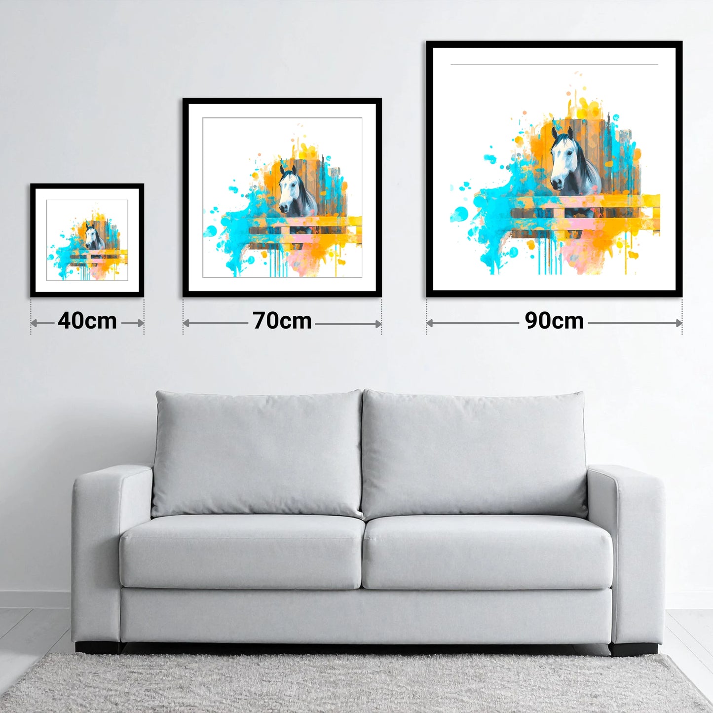 The Inquisitive Grey - size guide showing 40cm, 70cm and 90cm art prints