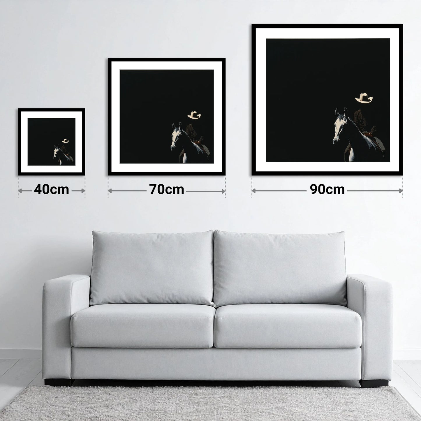 Western Solitude - size guide showing 40cm, 70cm and 90cm art prints