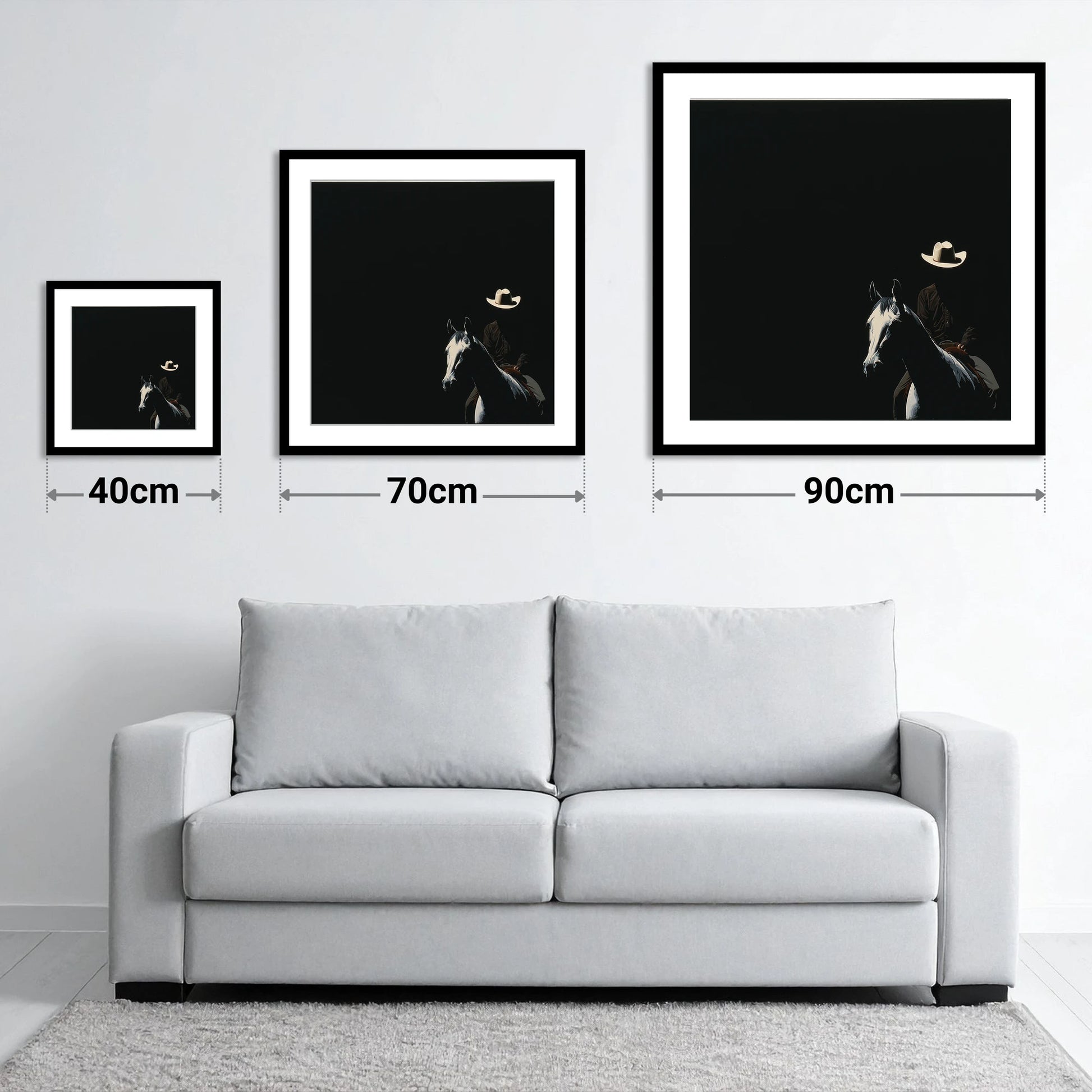 Western Solitude - size guide showing 40cm, 70cm and 90cm art prints