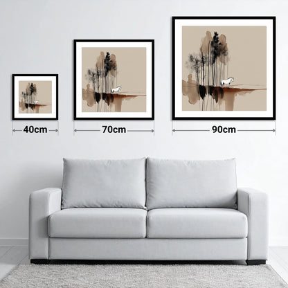 Sepia Solitude - size guide showing 40cm, 70cm and 90cm art prints
