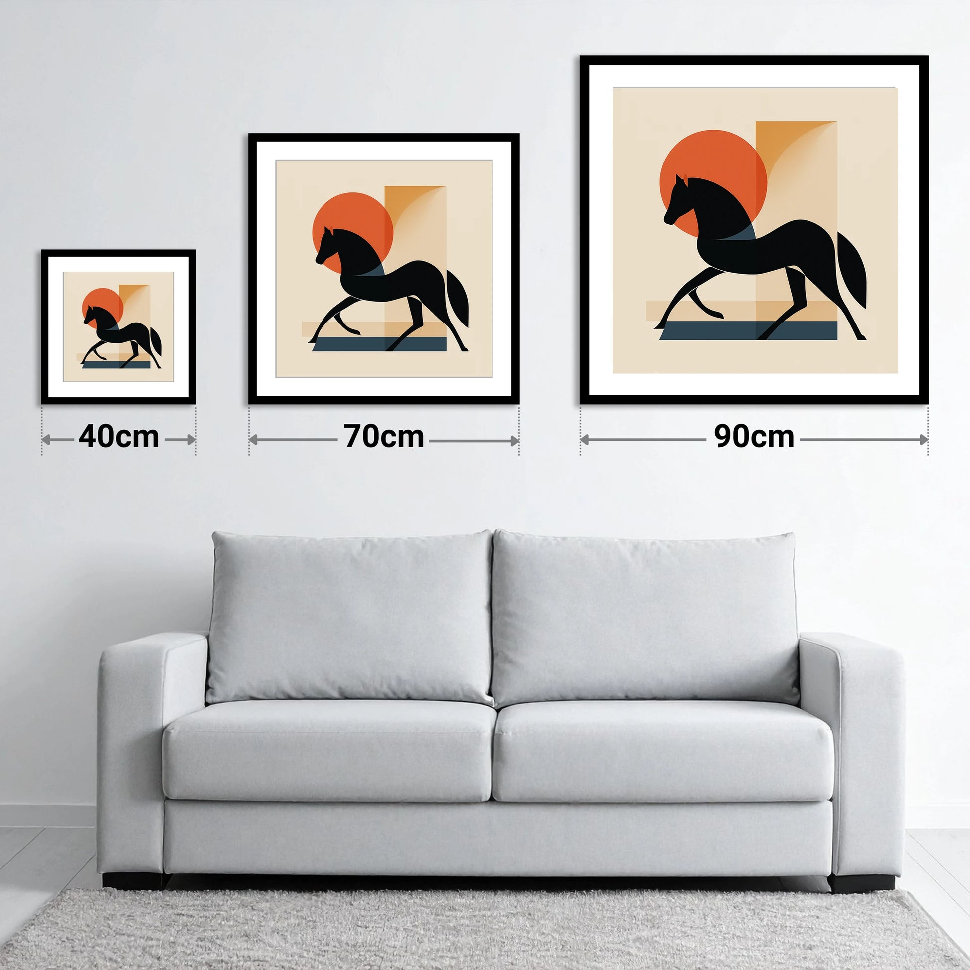 Mid-Century Equine Silhouette - size guide showing 40cm, 70cm and 90cm art prints
