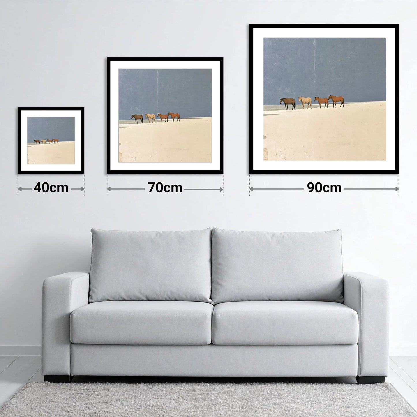 Stillness on the Horizon - size guide showing 40cm, 70cm and 90cm art prints