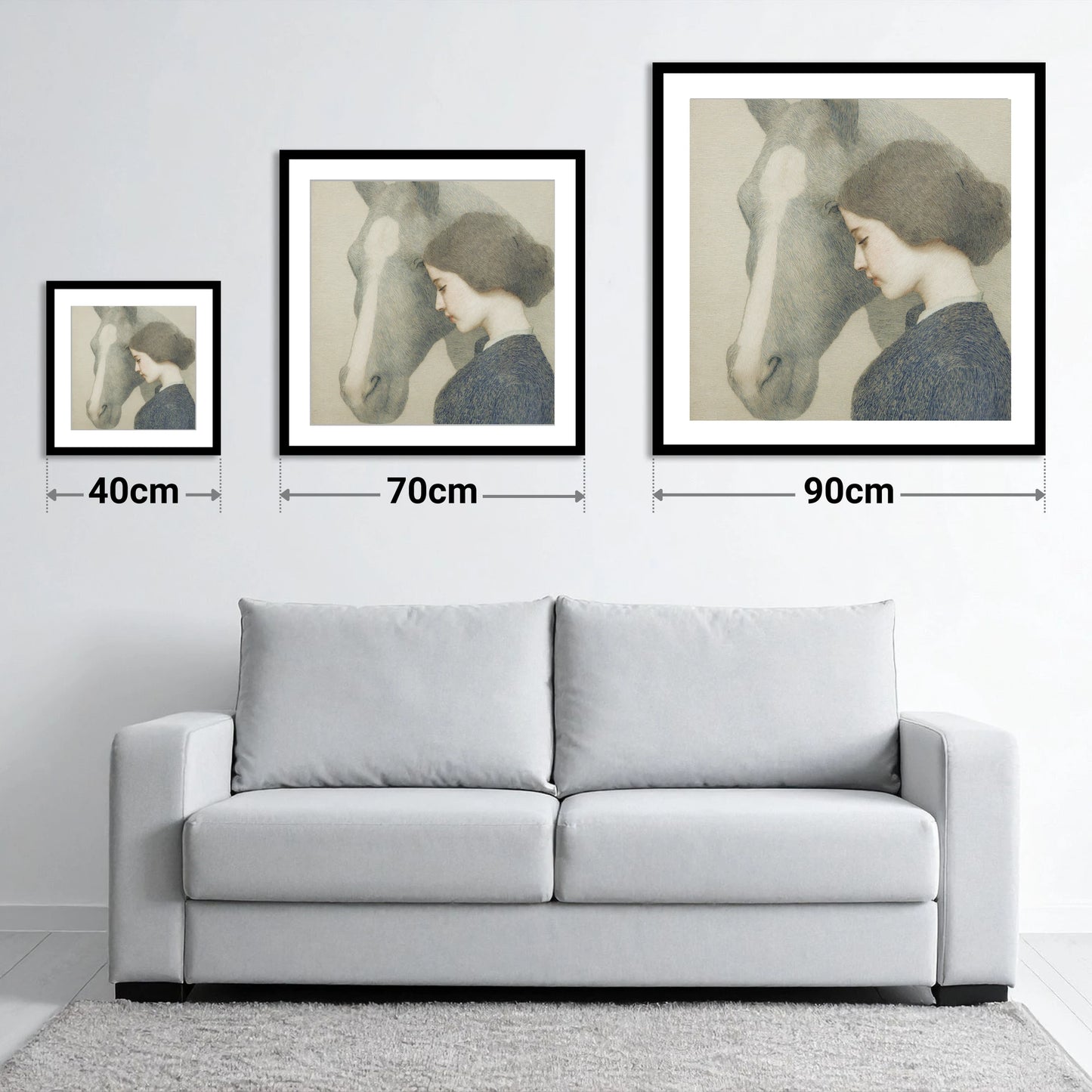 A Silent Understanding - size guide showing 40cm, 70cm and 90cm art prints