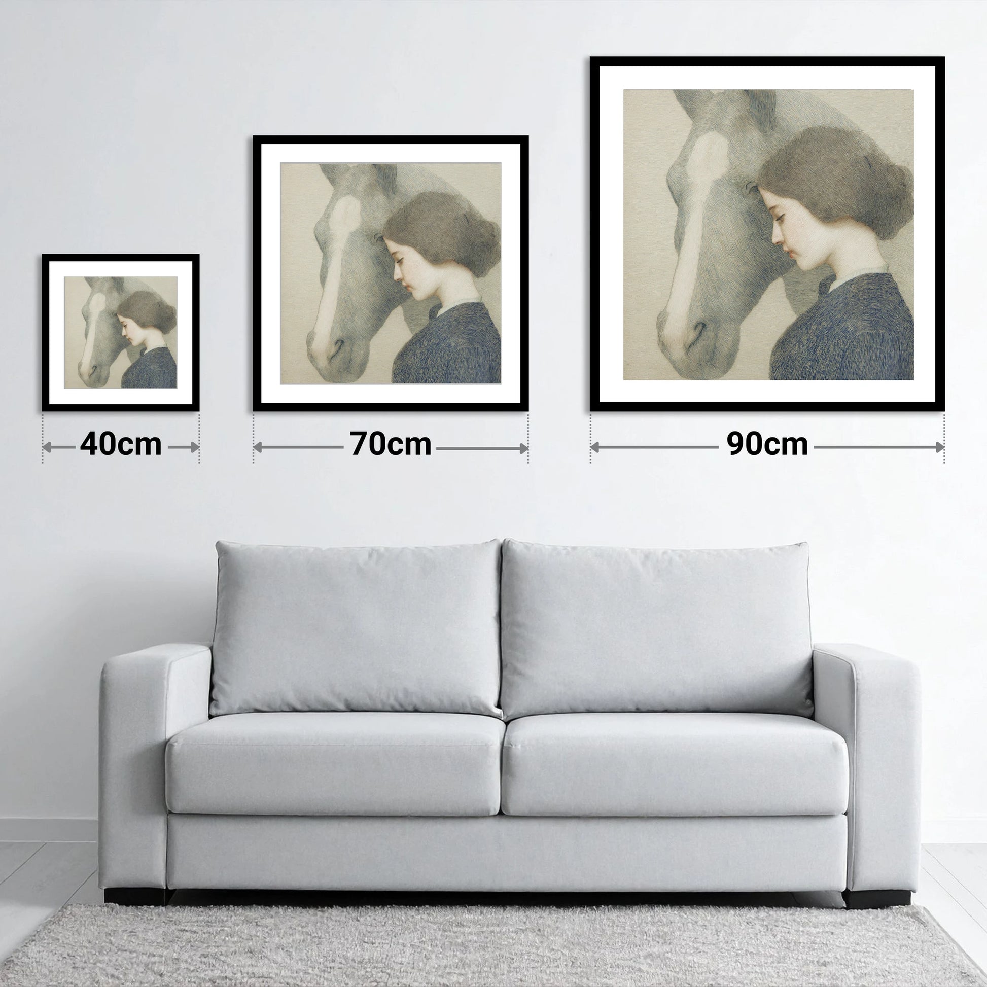 A Silent Understanding - size guide showing 40cm, 70cm and 90cm art prints