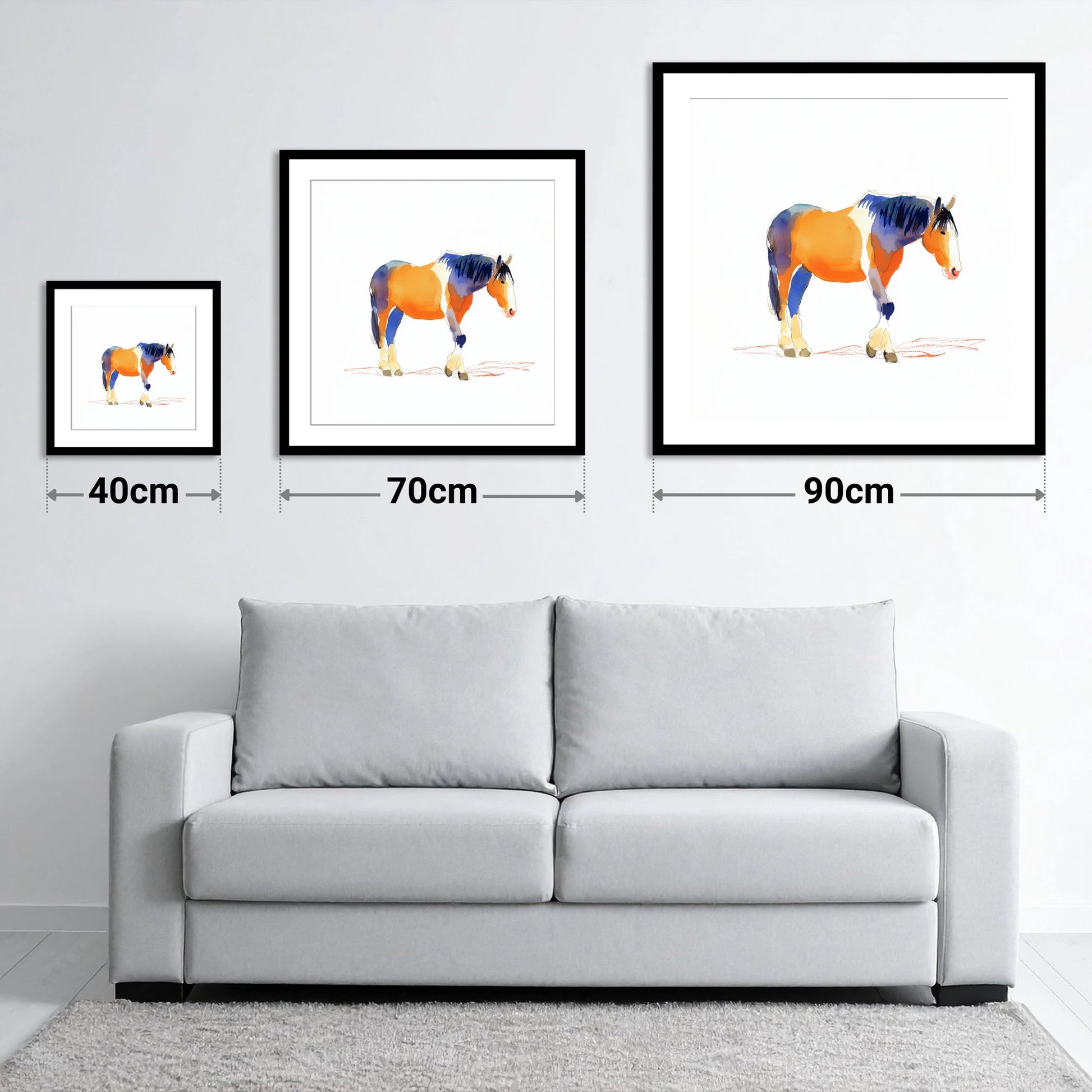 Vivid Working Stance - size guide showing 40cm, 70cm and 90cm art prints