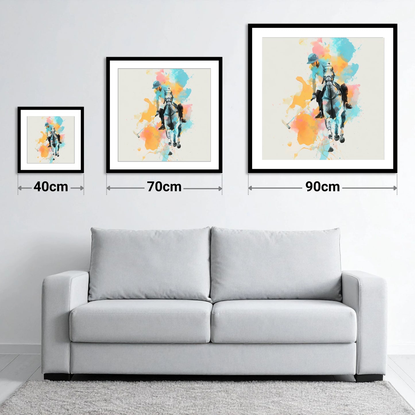 The Perfect Strike - size guide showing 40cm, 70cm and 90cm art prints