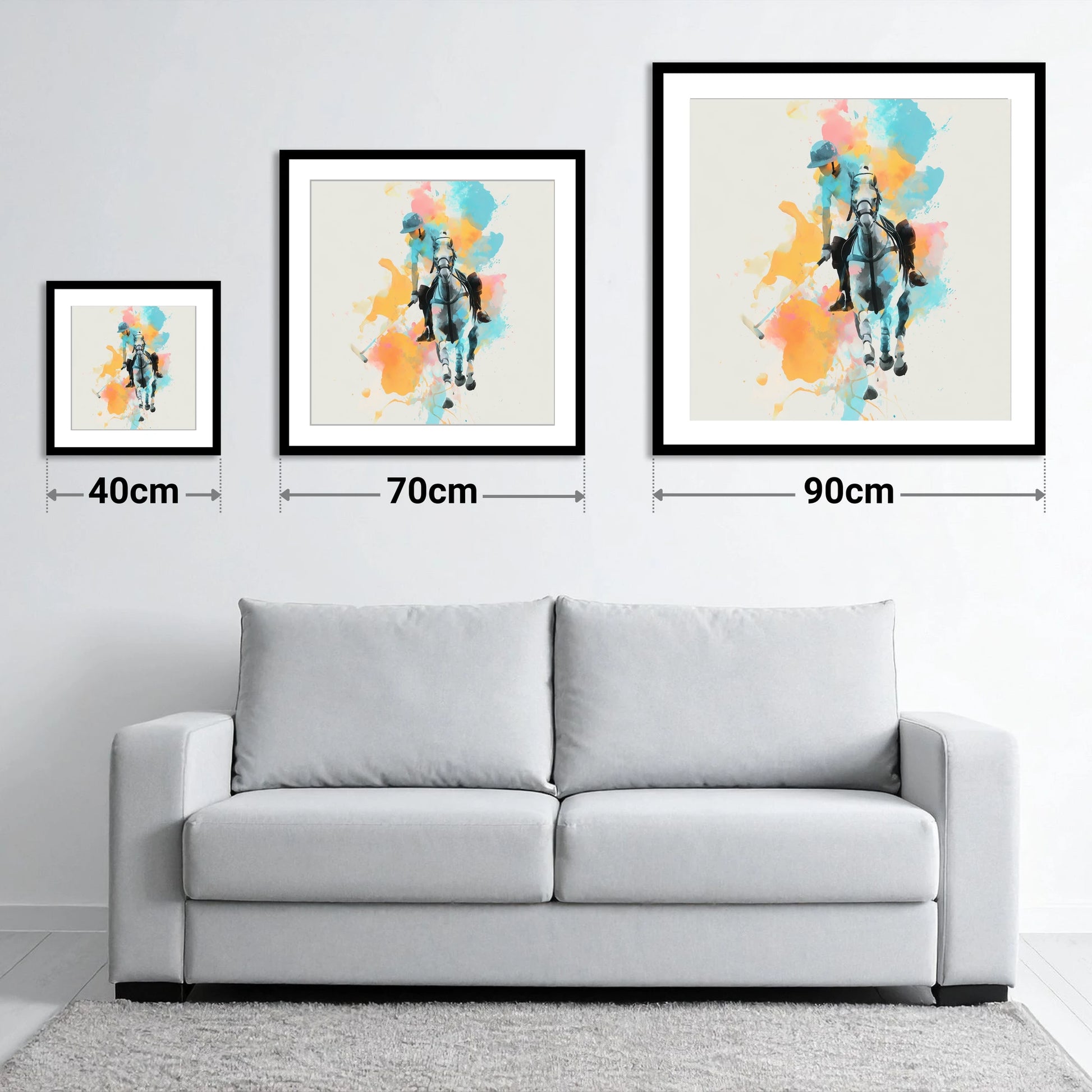 The Perfect Strike - size guide showing 40cm, 70cm and 90cm art prints