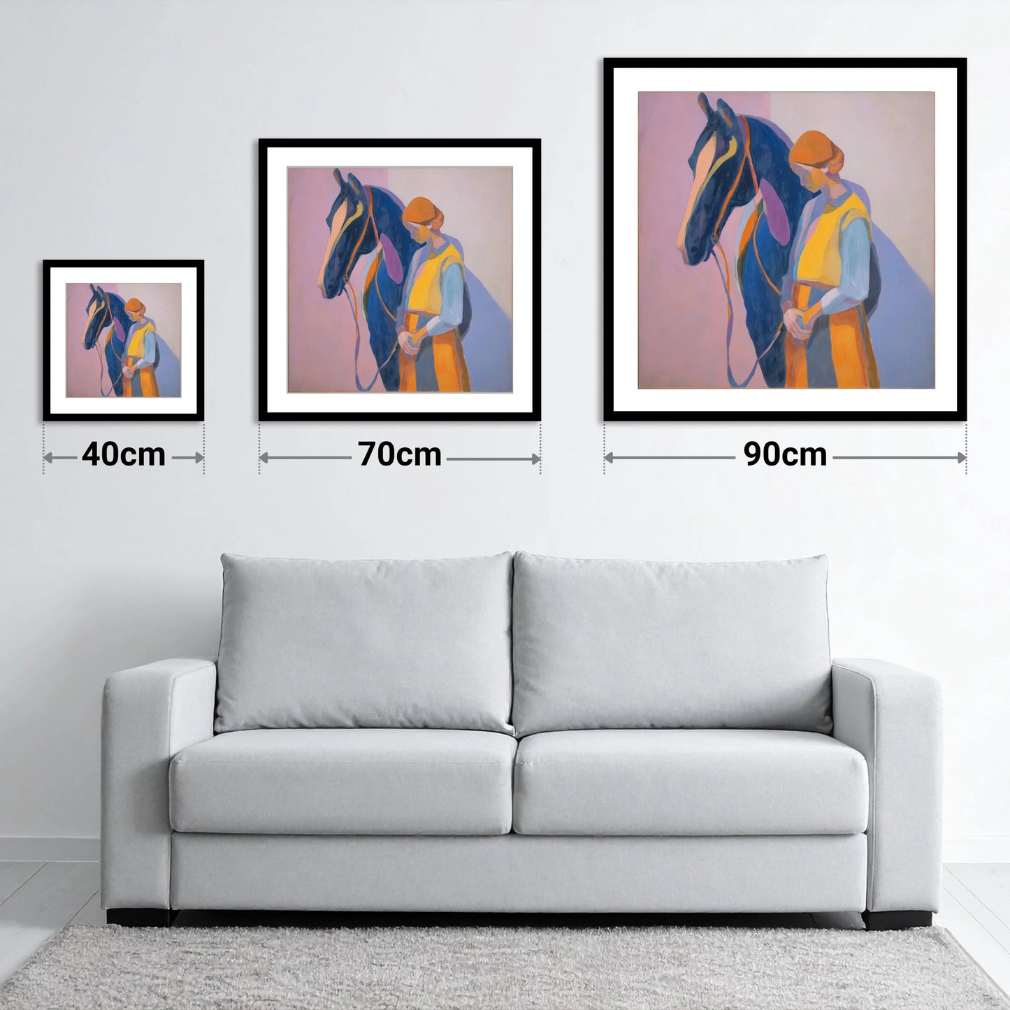 A Quiet Harmony - size guide showing 40cm, 70cm and 90cm art prints