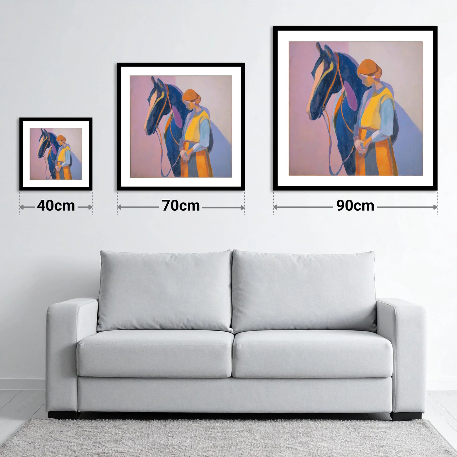 A Quiet Harmony - size guide showing 40cm, 70cm and 90cm art prints