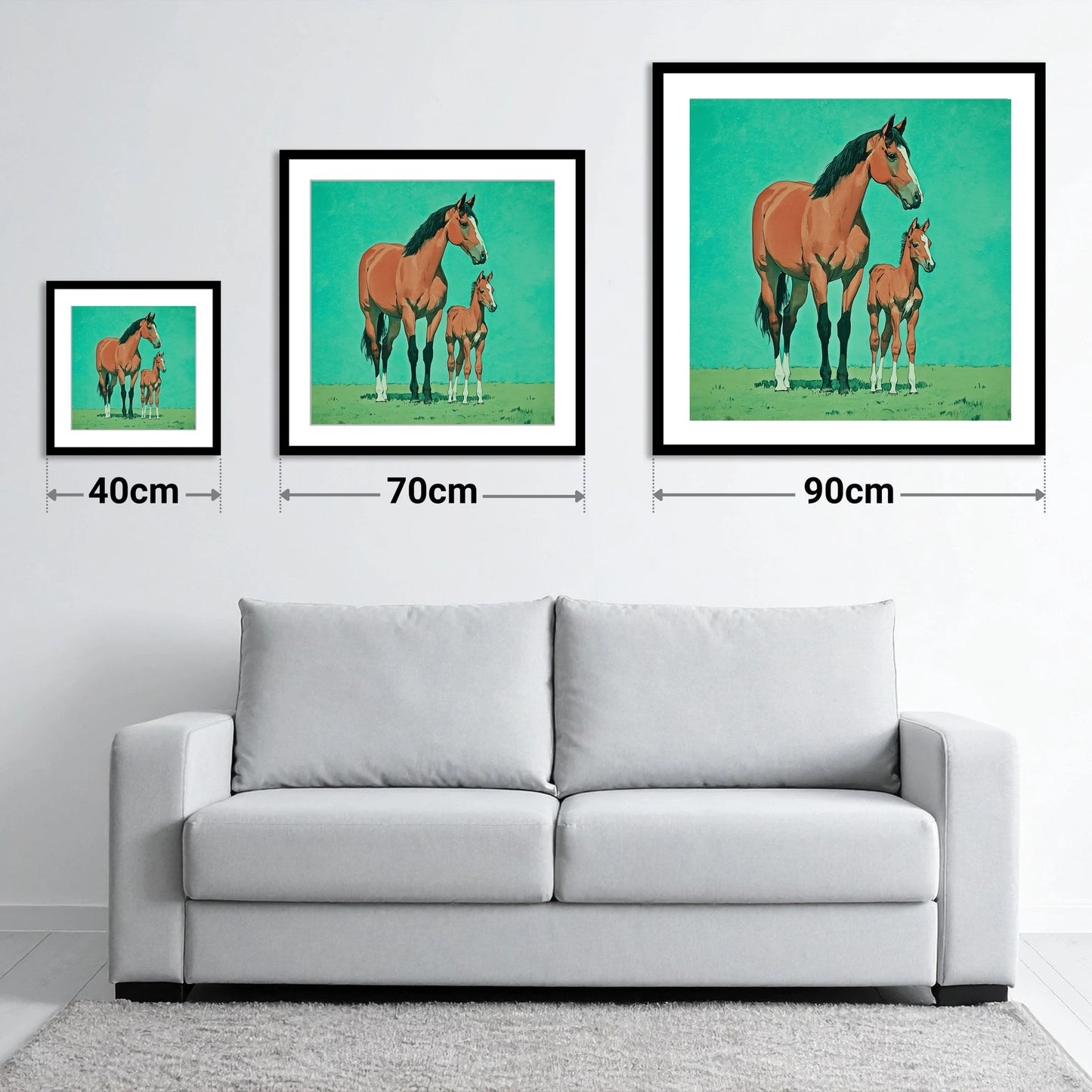 Striking Bay Bloodlines - size guide showing 40cm, 70cm and 90cm art prints